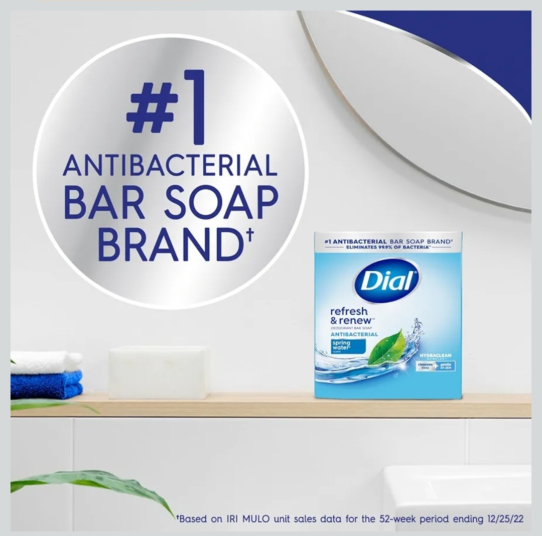 Dial Antibacterial Bar Soap, Refresh & Renew, Spring Water, 4 oz, 8 Bars