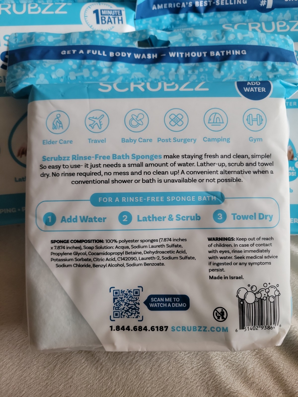 Lot of 3 SCRUBZZ Rinse-Free Bathing Sponges Just Add Water Baby Elderly 75 Total
