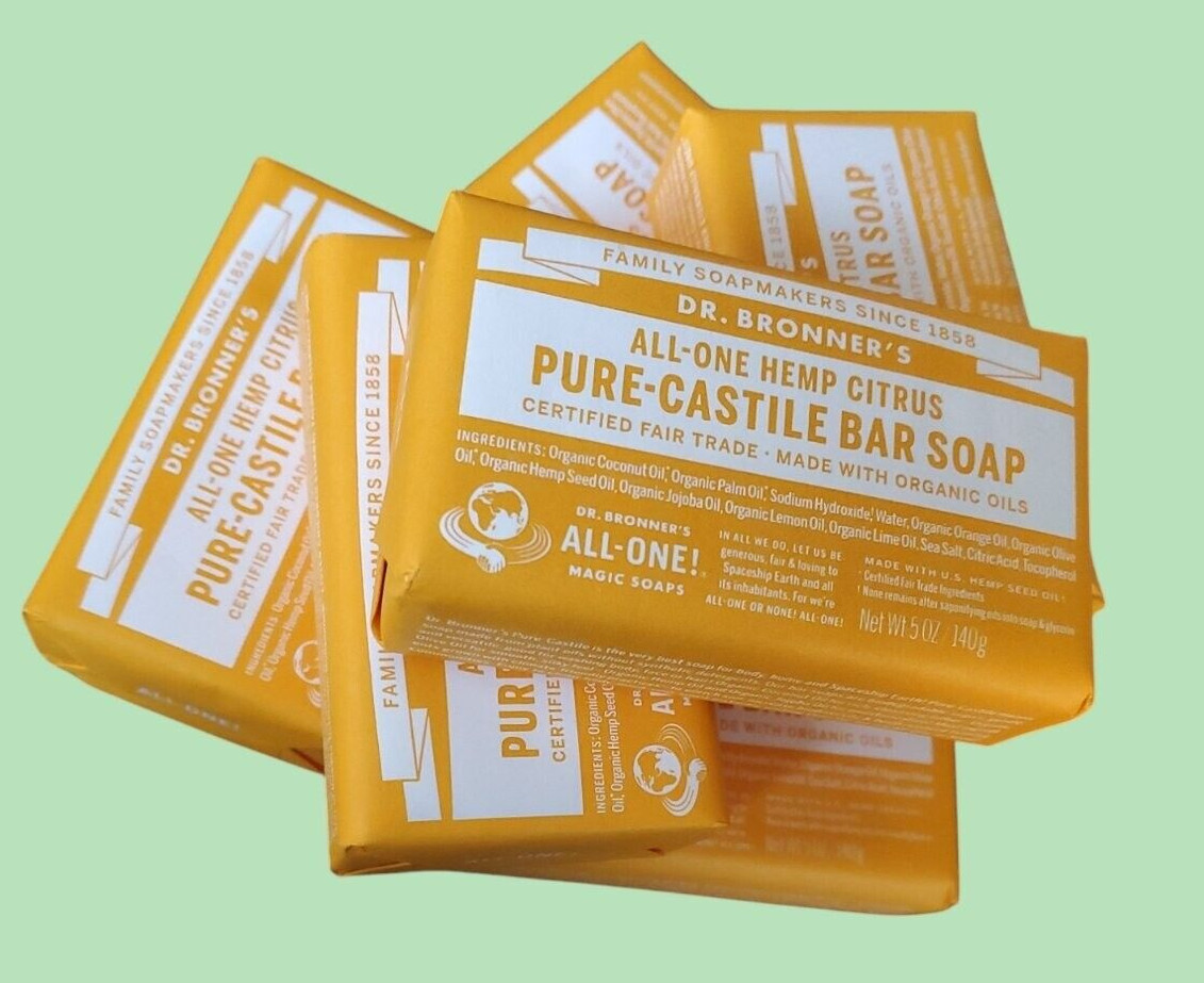 6 Pack Dr Bronner’s All-One Hemp CITRUS Pure Castile Bar Soap Organic