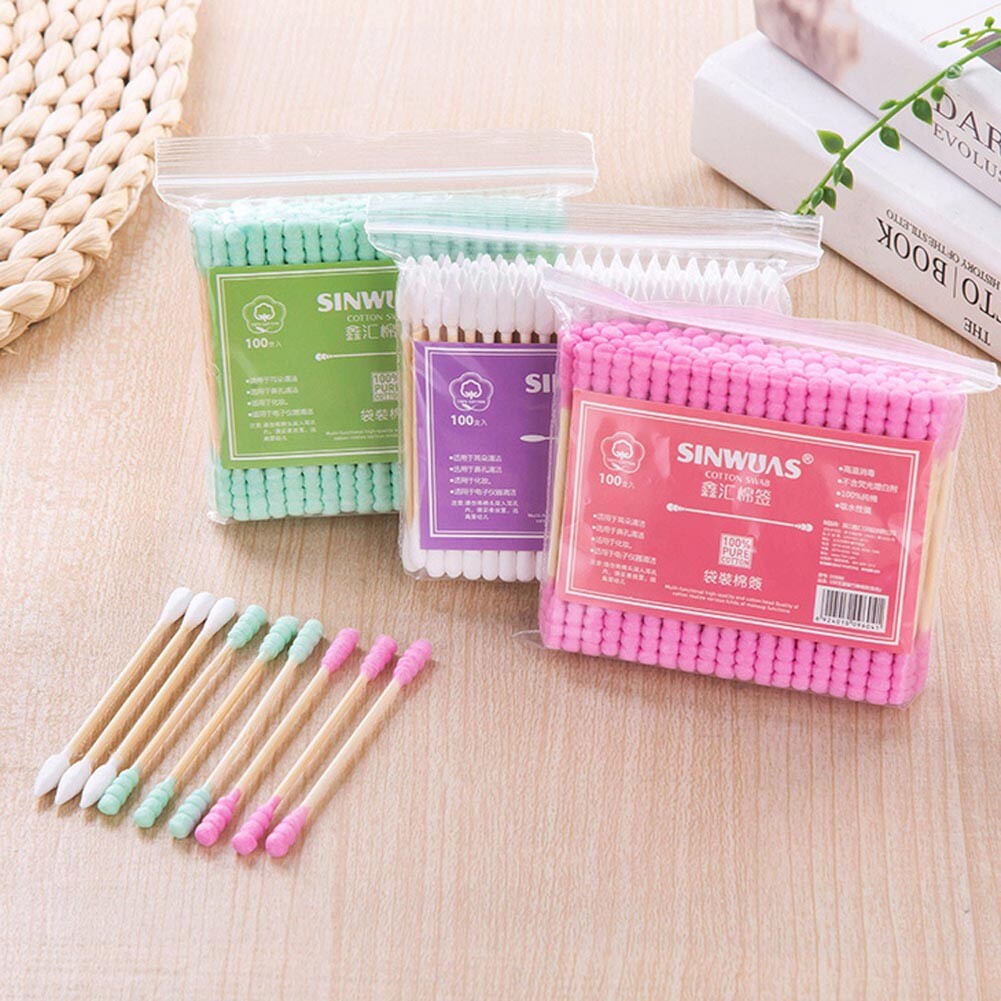 100PCS Cotton Swabs Swab Applicator Q-tips Double Tip Wooden Sticks Ear Clean