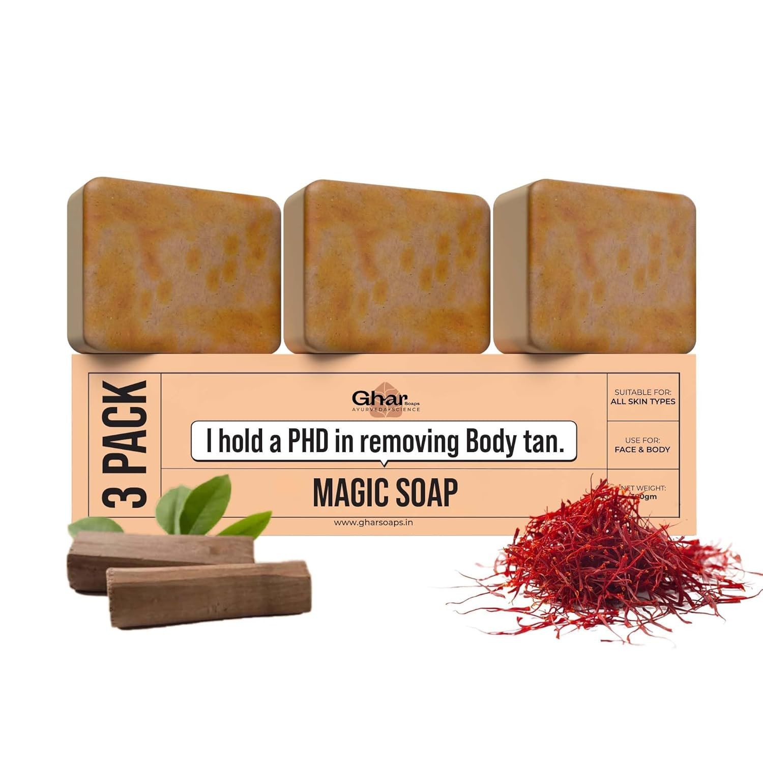 Ghar Soaps Sandalwood & Saffron Magic Soaps For Bath 100 g each (Pack of 3)