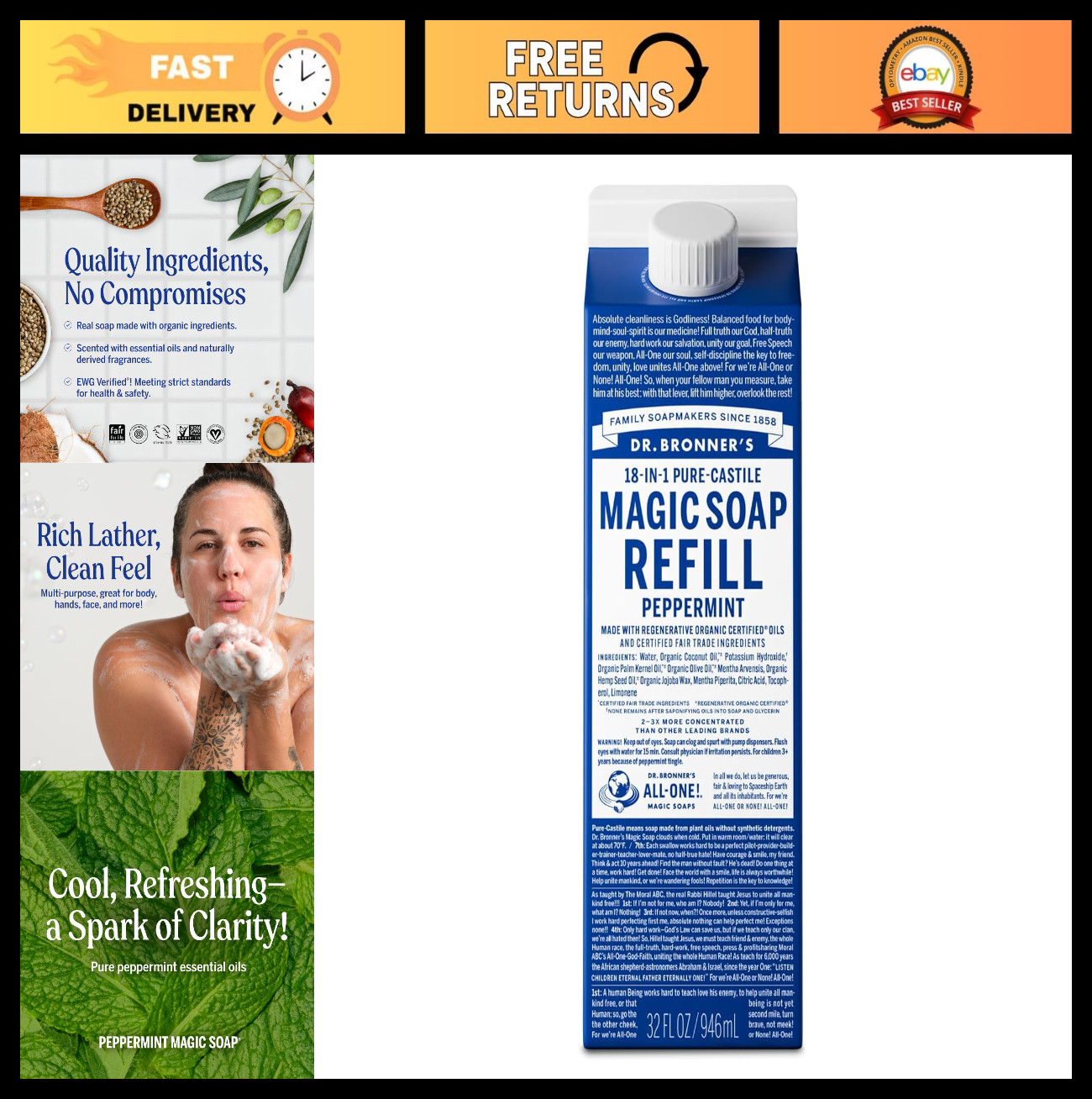 Pure-Castile Liquid Soap Refill – Organic, 18-in-1 Uses, Peppermint, 32oz, Eco-F