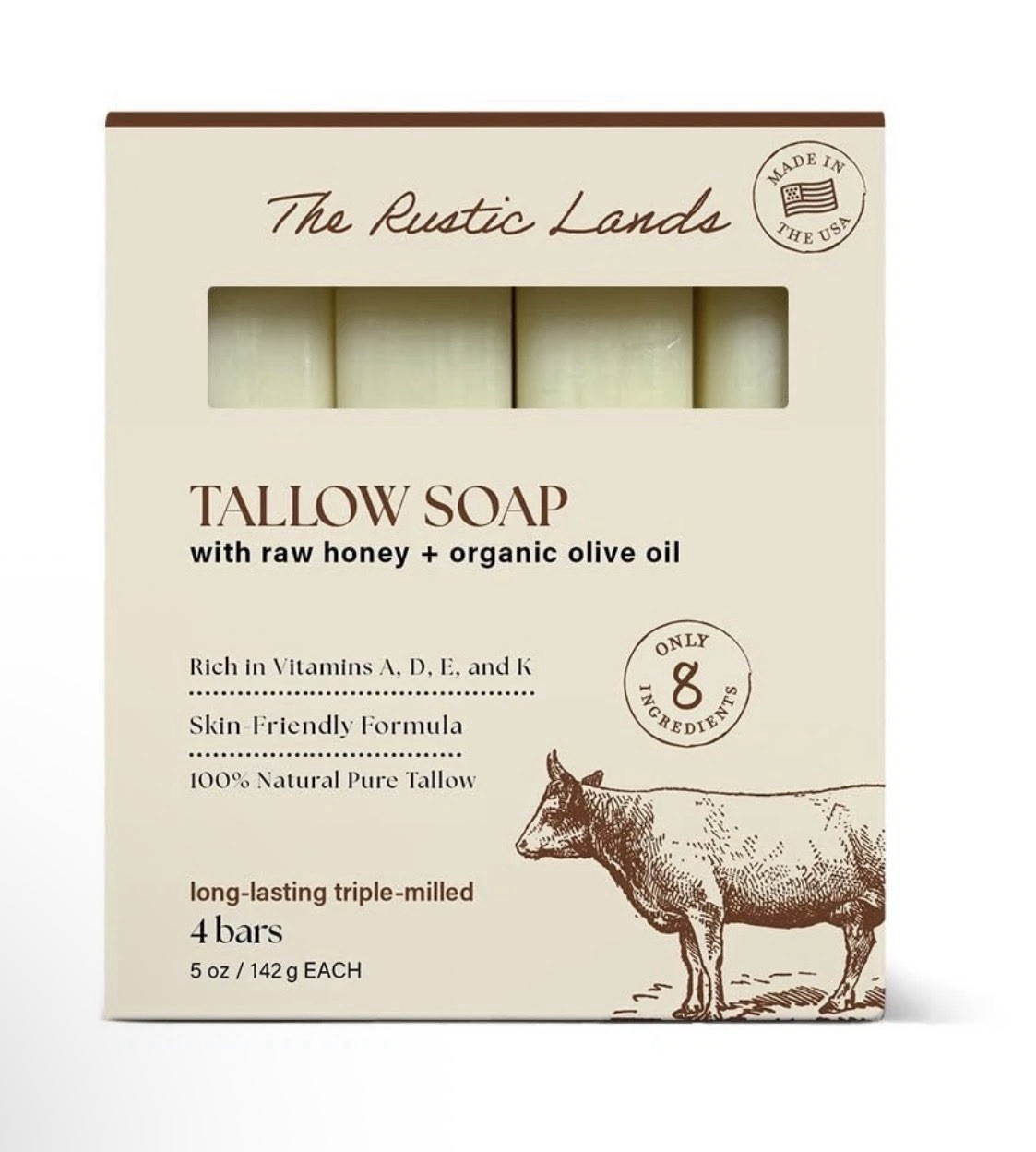THE RUSTIC LANDS Grass Fed Beef Tallow Soap Bars Set of 4 with Honey & Olive Oil
