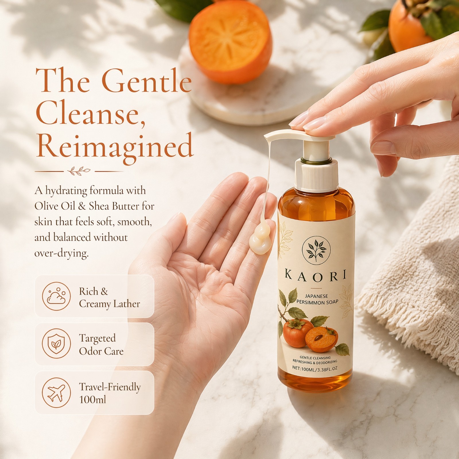 Kaori Persimmon Deodorizing Soap Moisturizing Mature Skin for Men Women