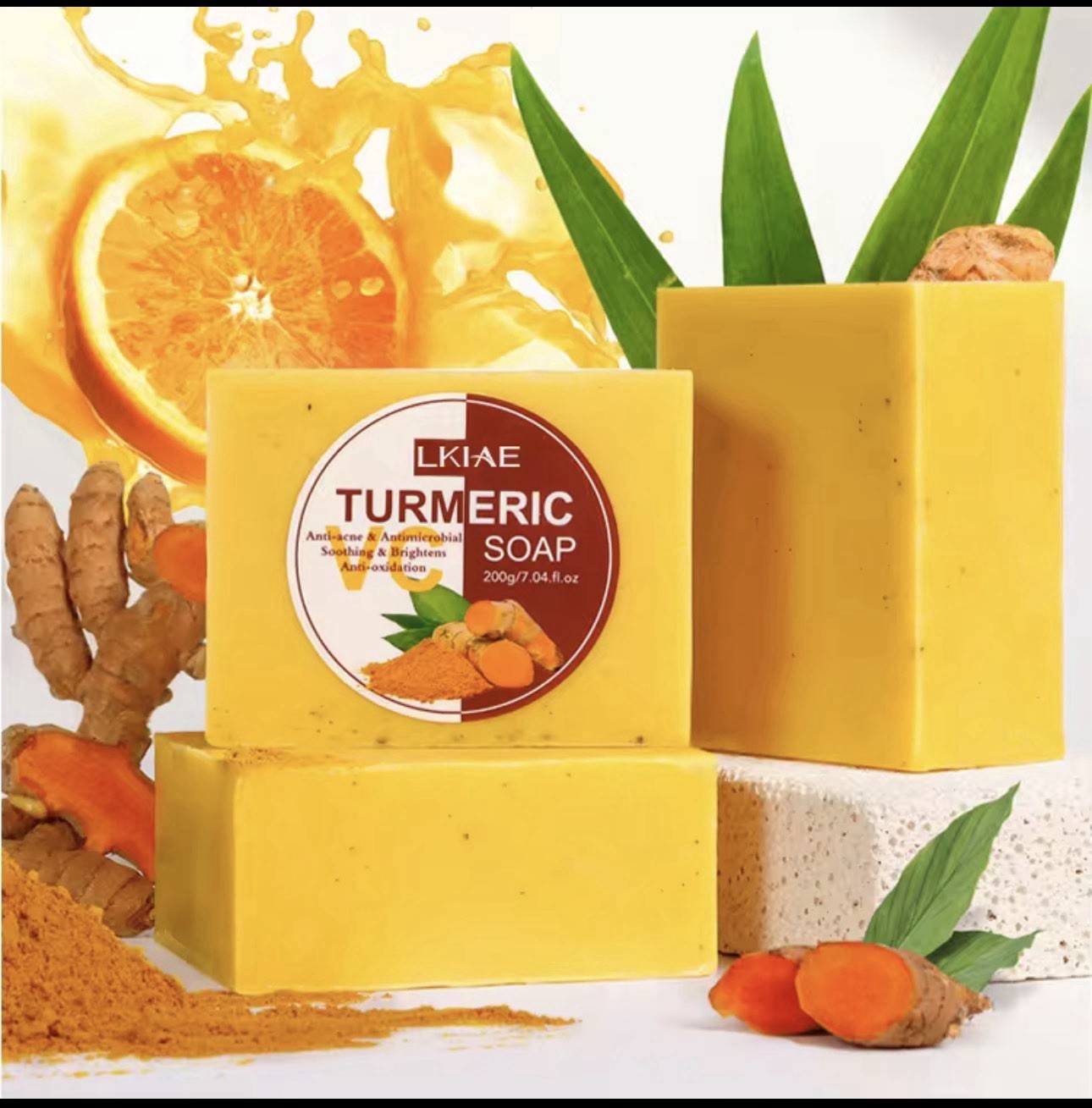 LKIAE VC Turmeric Soap Bar 200g Yellow Rectangular Deep Cleansing Anti-Acne