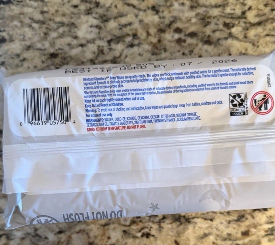 Kirkland 100 Baby Wipes Re-sealable Non-flushable Dated: 07/2026 Hypoallergenic