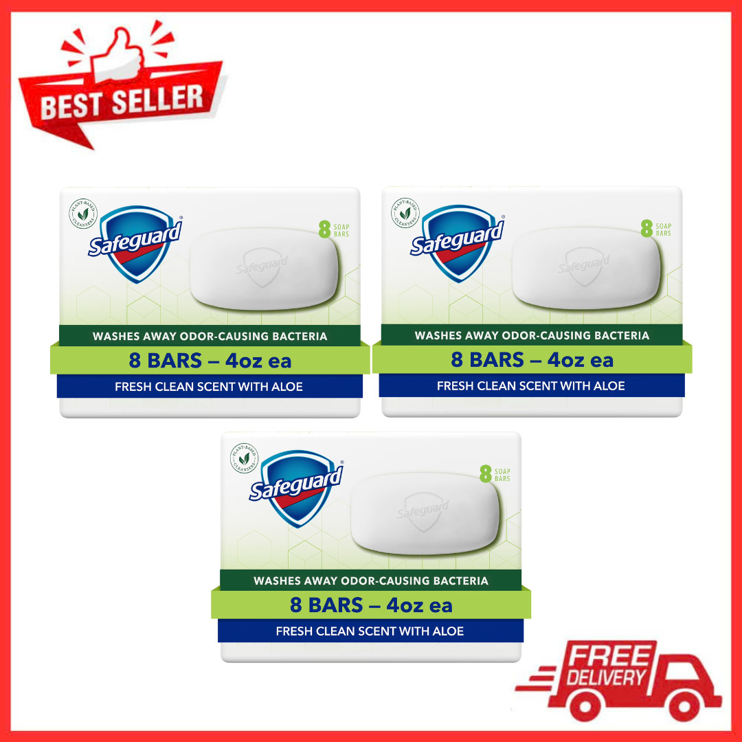 3 Pack Safeguard Aloe Bar Soap, Fresh Clean Scent, 4oz 8-Count, Antibacterial
