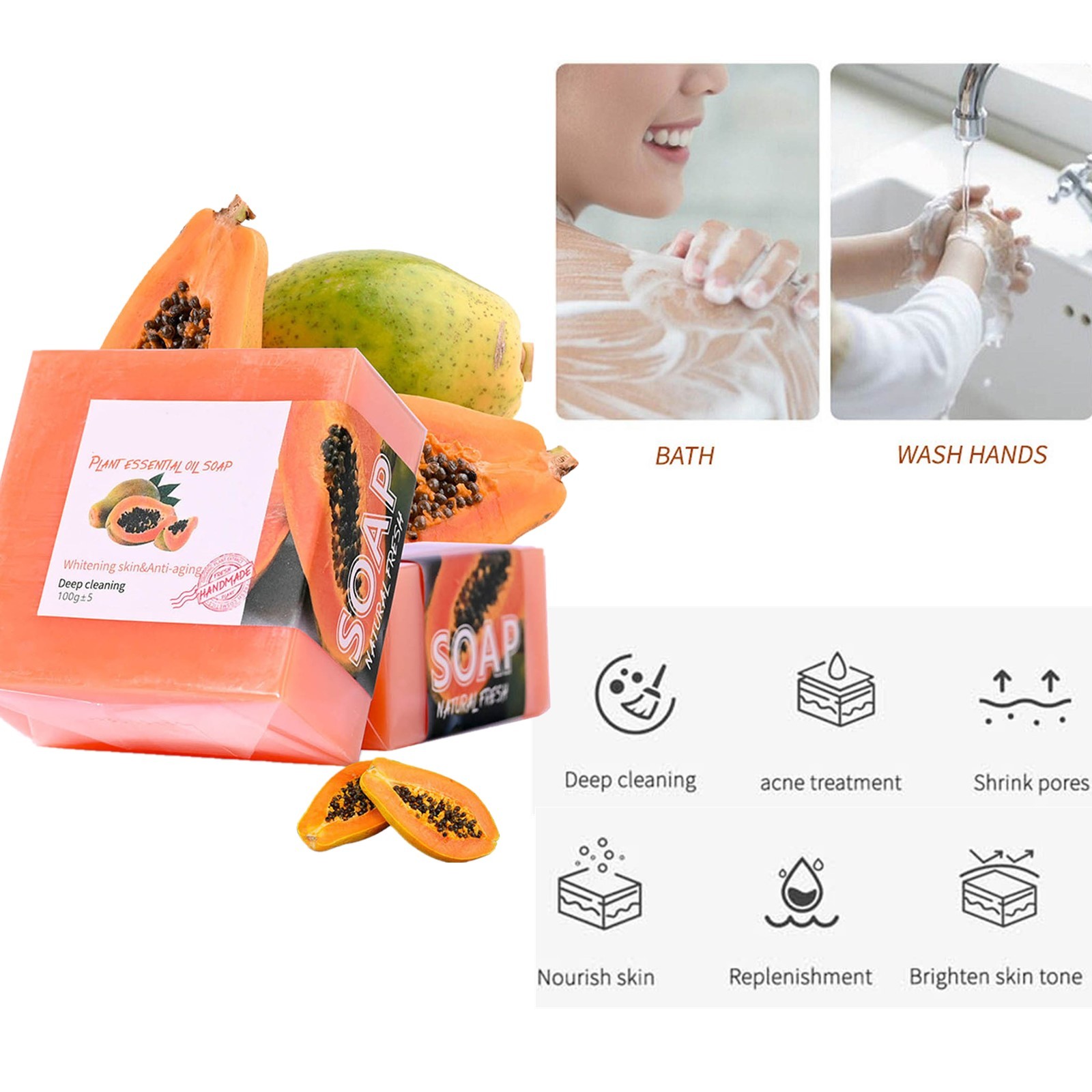 2PCS Shower Soap Skin-friendly Papaya Essential Oil Soap For Daily Use Herbal