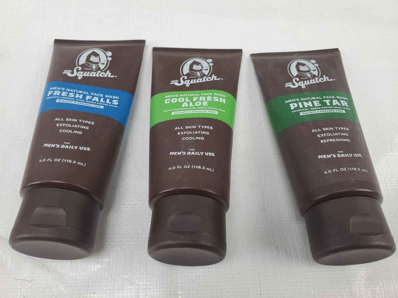 Dr Squatch Face Wash Exfoliating -3 Pack New- Pine Tar Cool Fresh Aloe Falls