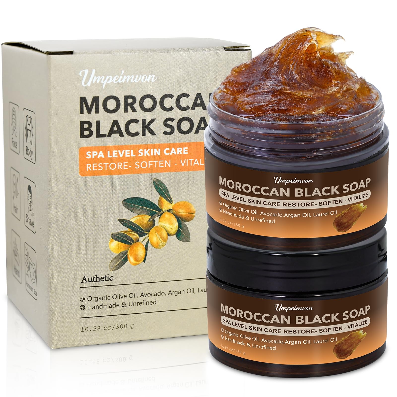 2 PCS Unrefined Moroccan Black Soap 5.14 Ounce (Pack of 2), dark brown