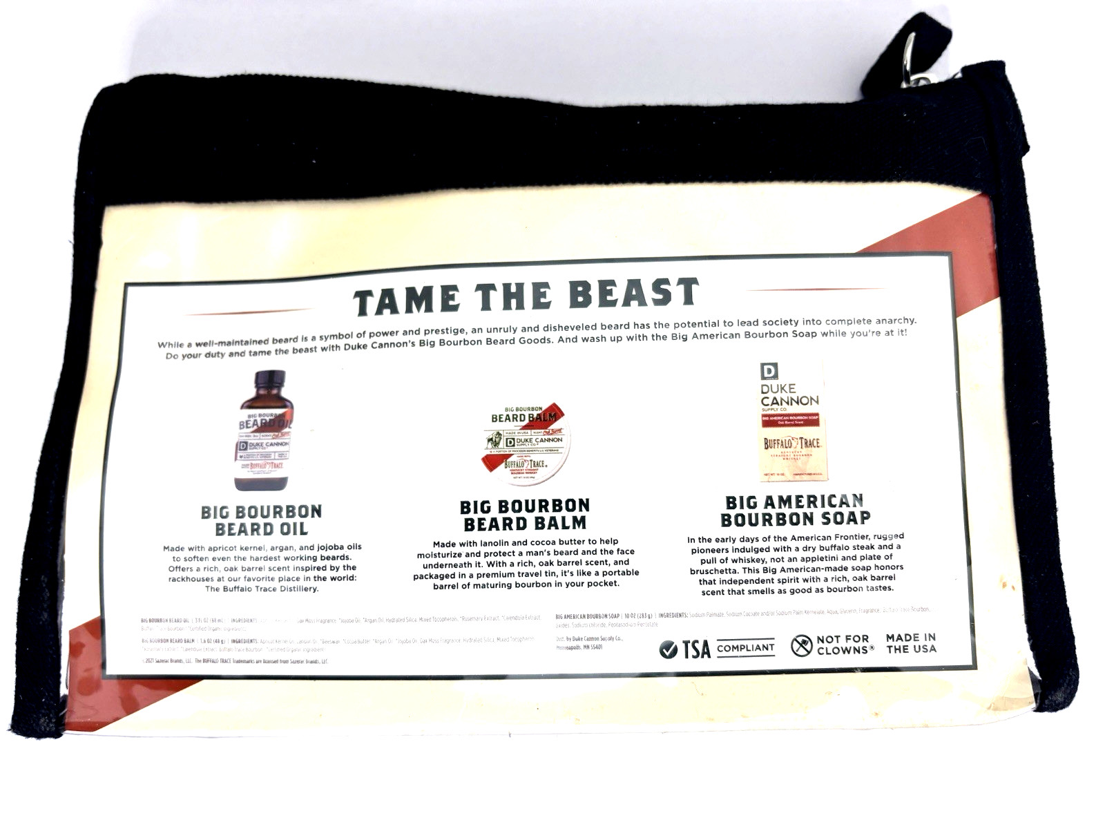 Duke Cannon Beard Kit Big American Bourbon Soap Balm Oil Set Buffalo Trace Bag