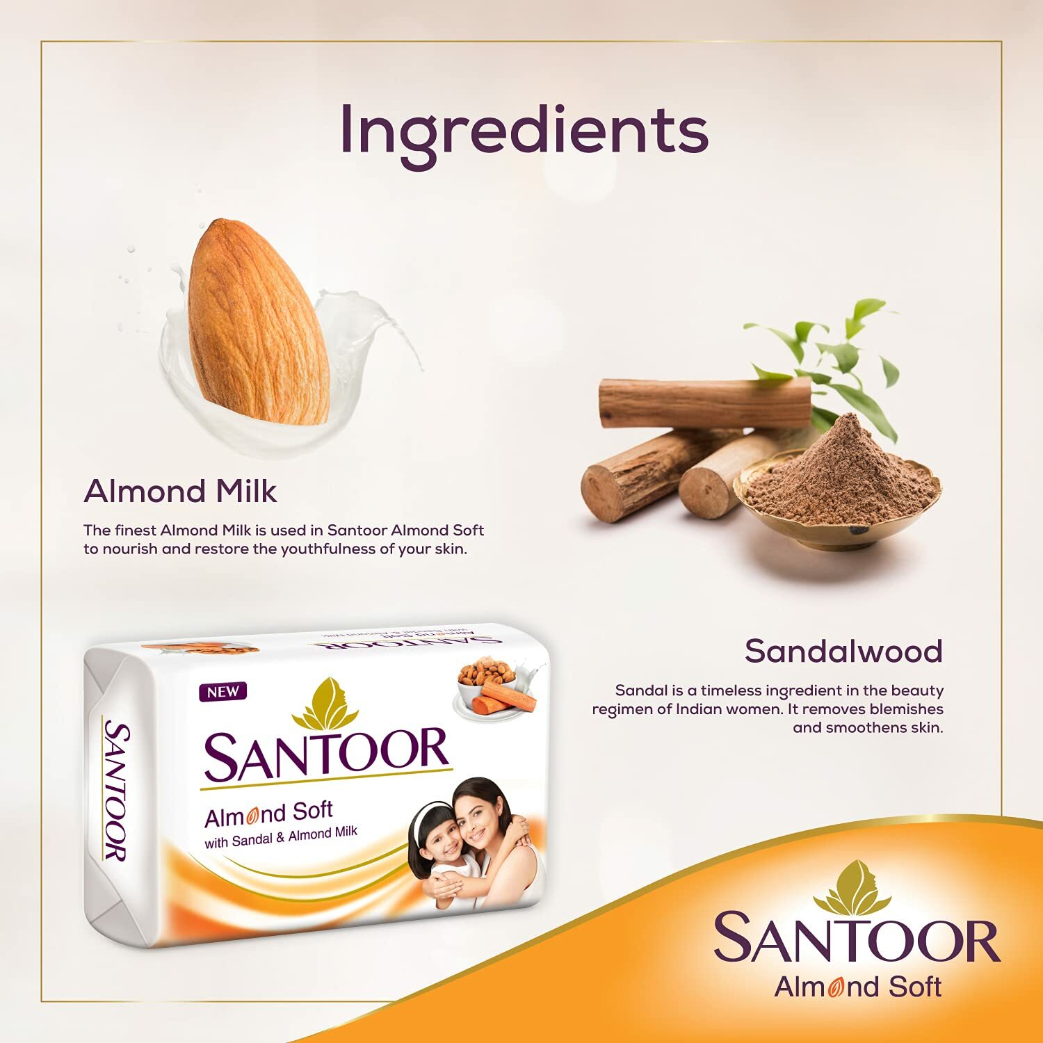 6 No. Santoor Sandalwood and Almond milk Organic Soft Bath Soap 150 g -Free Ship