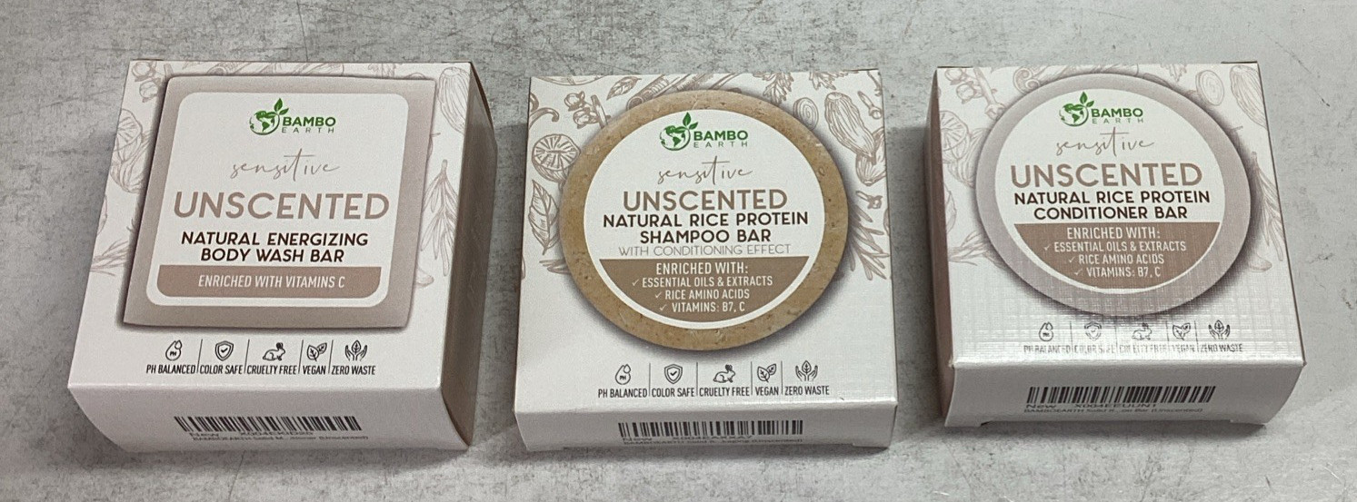 Bambo Earth Beauty Trio Body Wash Bar Shampoo Bar & Conditioner Bar Unscented
