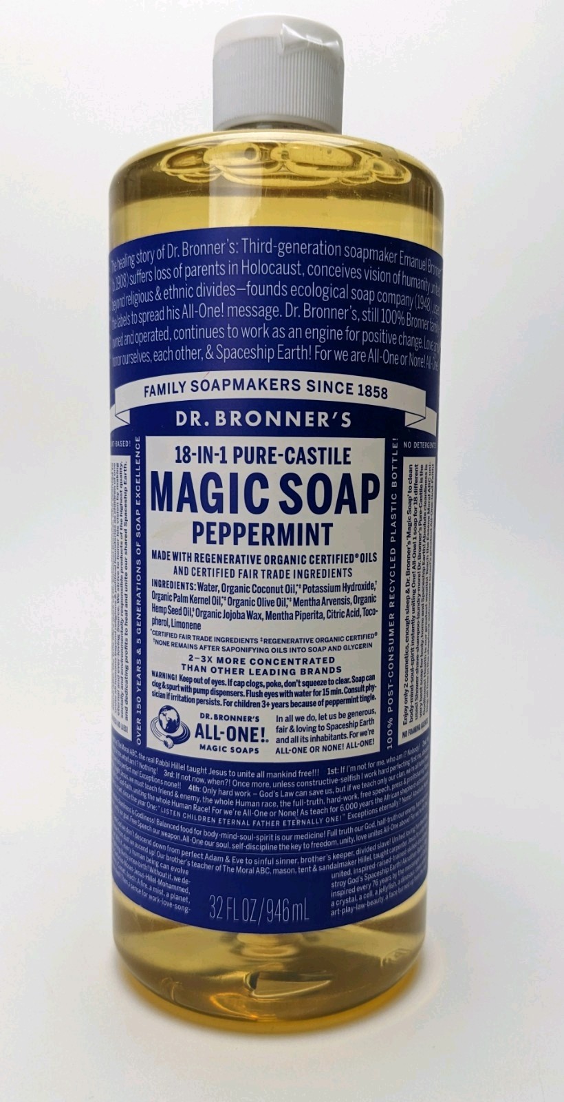 Dr. Bronner’s Pure Castile Liquid Soap 32oz – Peppermint – 18 in one