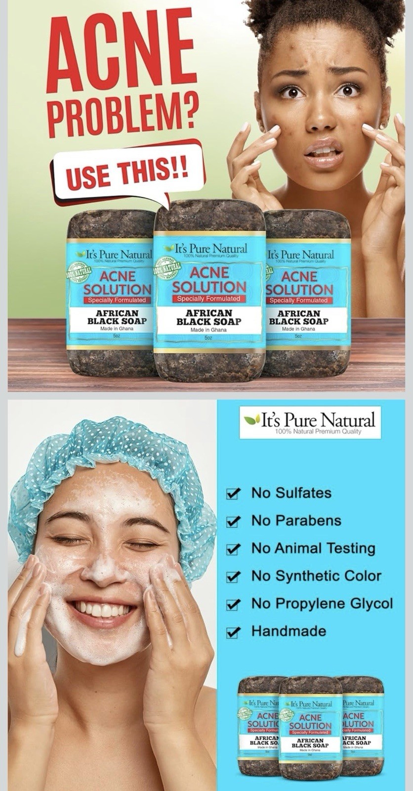 3bars African Black Soap Bar Natural Handmade Facial Body Soap