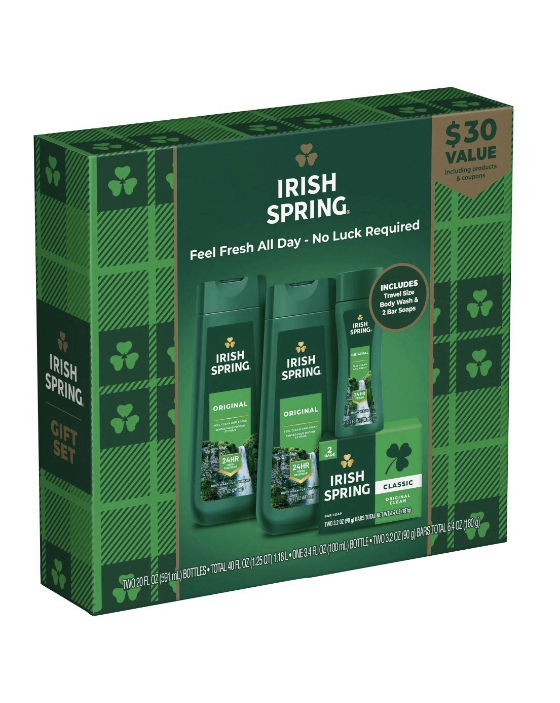 Irish Spring Body Wash 20 Oz Bottles & Travel Size Bar Soap Gift Set