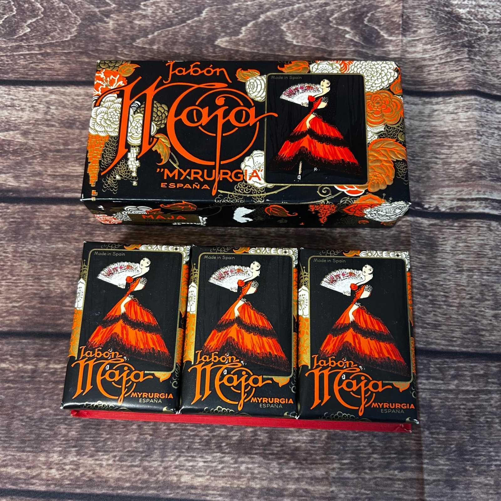 Vintage Espana Myrurgia Maja Jabon Soap Box Set 3 Bars 90g 3.17oz Each Spain NOS