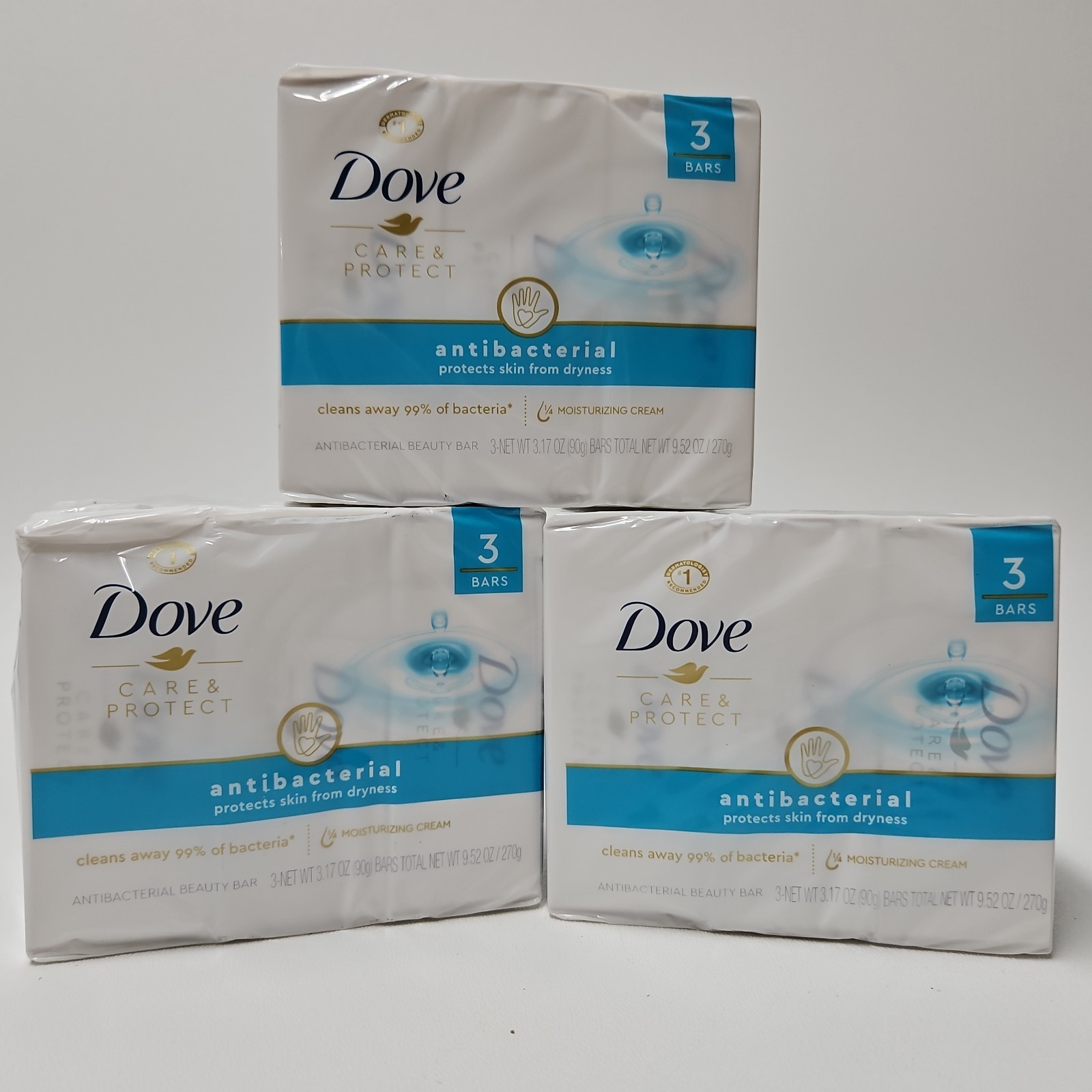 3x Dove Care & Protect Antibacterial Beauty Bar Soap 3pk 9 Bars Total 3.17oz New