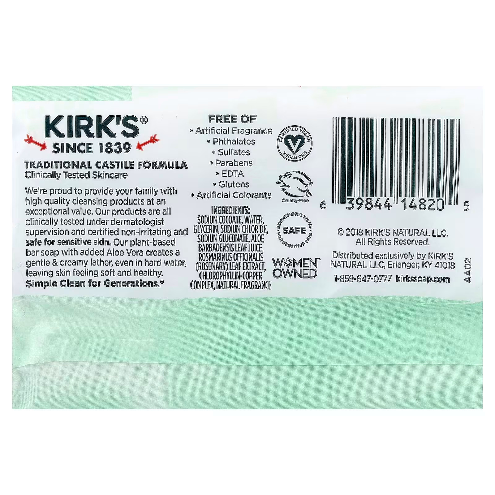 Kirk’s Natural Gentle Castile Bar Soap Soothing Aloe Vera 3 Bars Each (Pack of 6