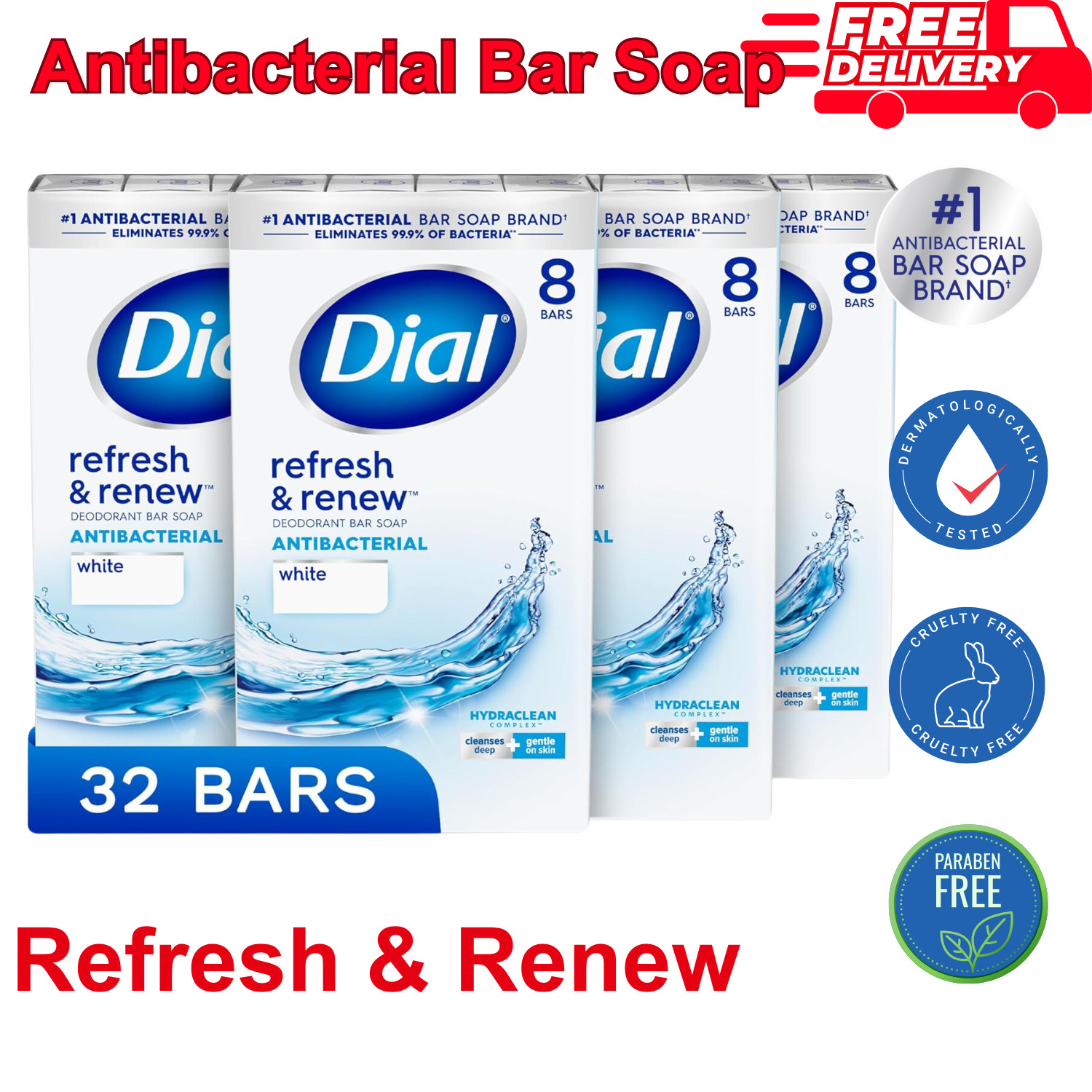 Dial Antibacterial Bar Soap, Refresh & Renew, White, 4 oz, 32 Bars BEST SELLER