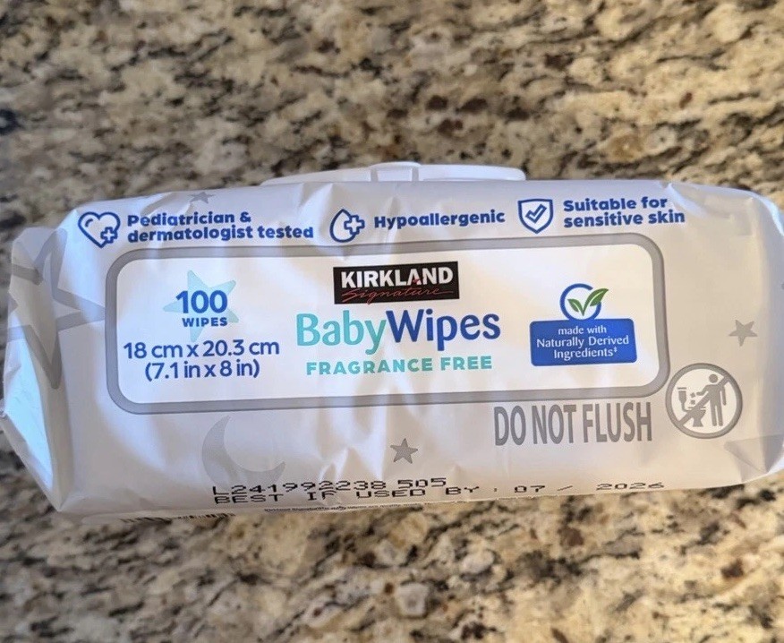 Kirkland 100 Baby Wipes Re-sealable Non-flushable Dated: 07/2026 Hypoallergenic