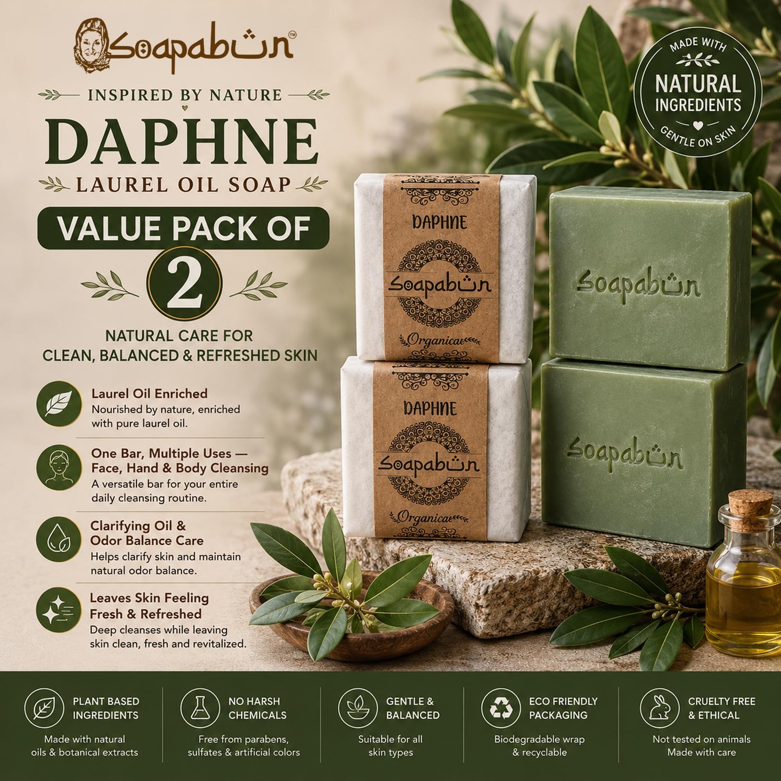 Daphne Laurel Oil Soap Bar – Handmade Olive Oil Based Artisan Soap, Made in A…