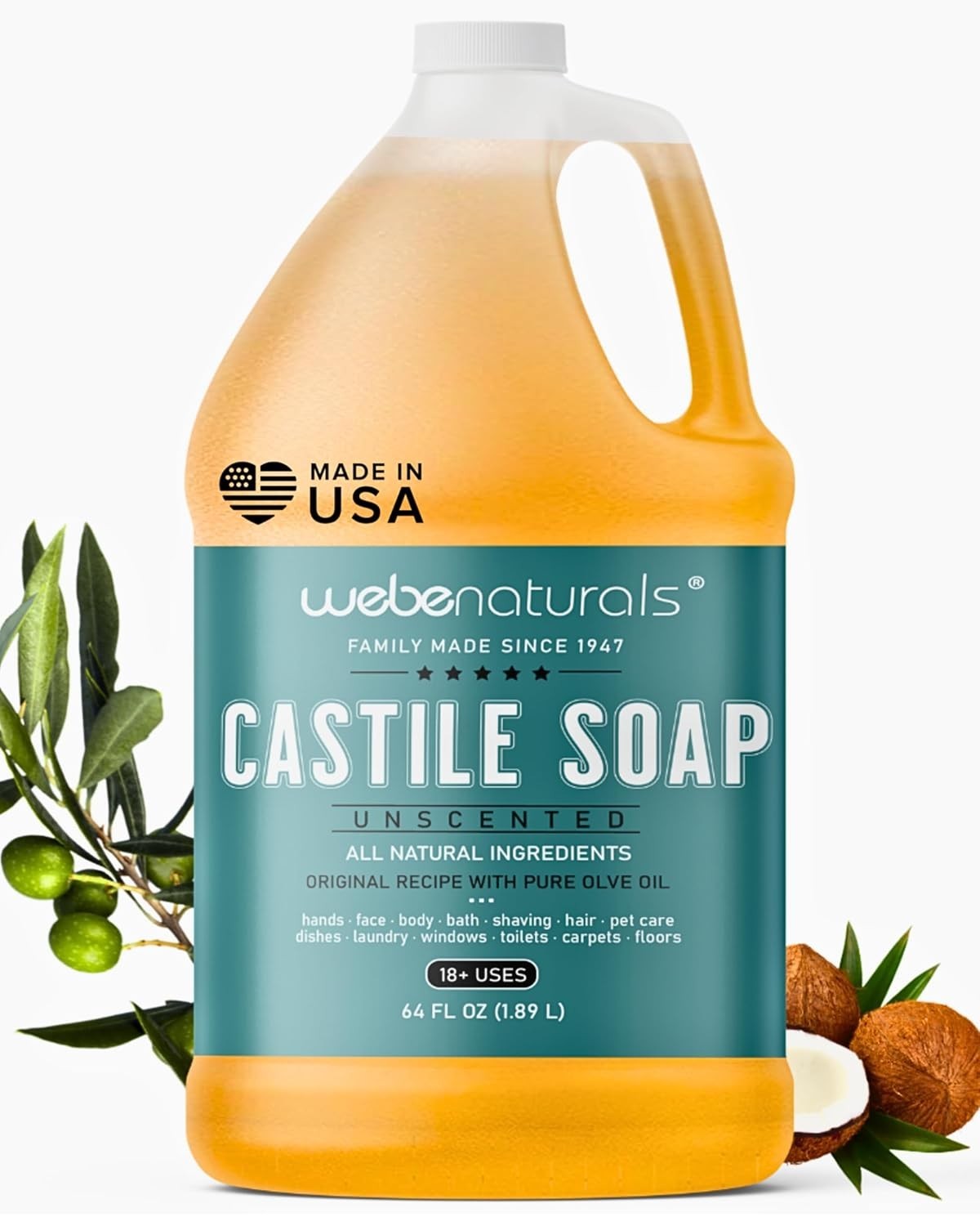 Pure Castile Soap Liquid Organic, Certified Palm 64 Fl Oz (Pack of 1) Unscented