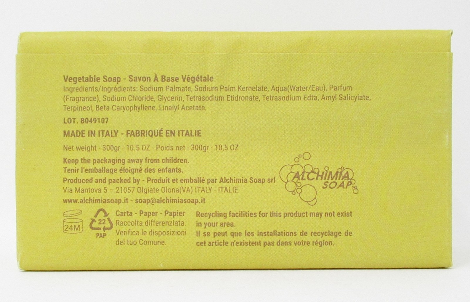Alchimia Vegetable Bath Bar Soap Citrus scented large 10.5oz hand made in Italy