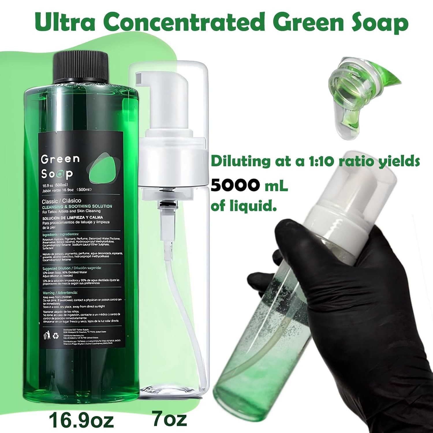 Green Soap Tattoo 16.9OZ with 7OZ Foam Bottle Ultra Concentrated Green Soap M…