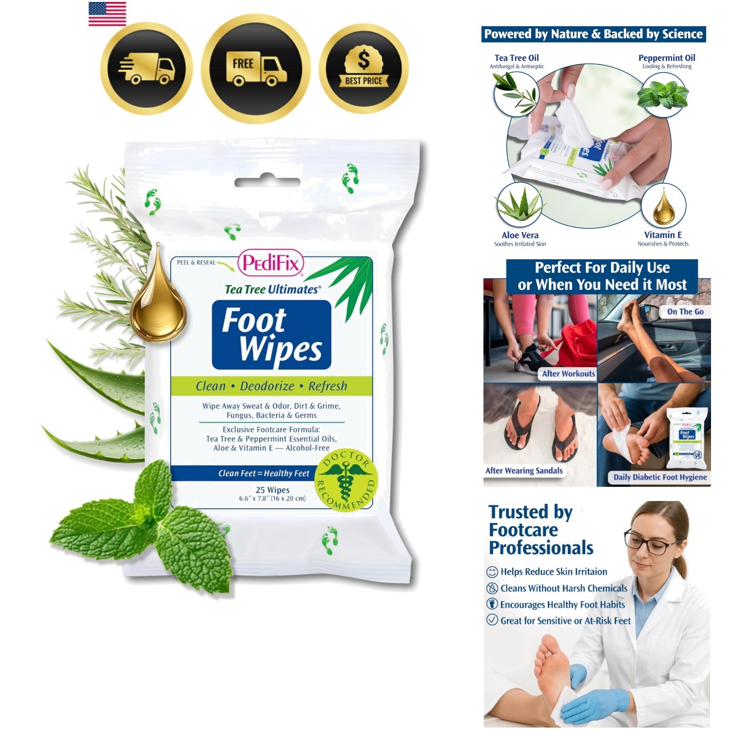 Tea Tree Ultimates Foot Wipes with Tea Tree Oil, Peppermint & Aloe