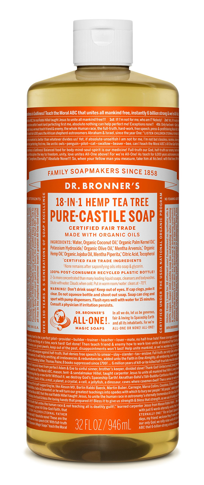 Dr. Bronner’s Pure-Castile Liquid Soap Tea Tree 32 oz Vegan Organic Non-GMO
