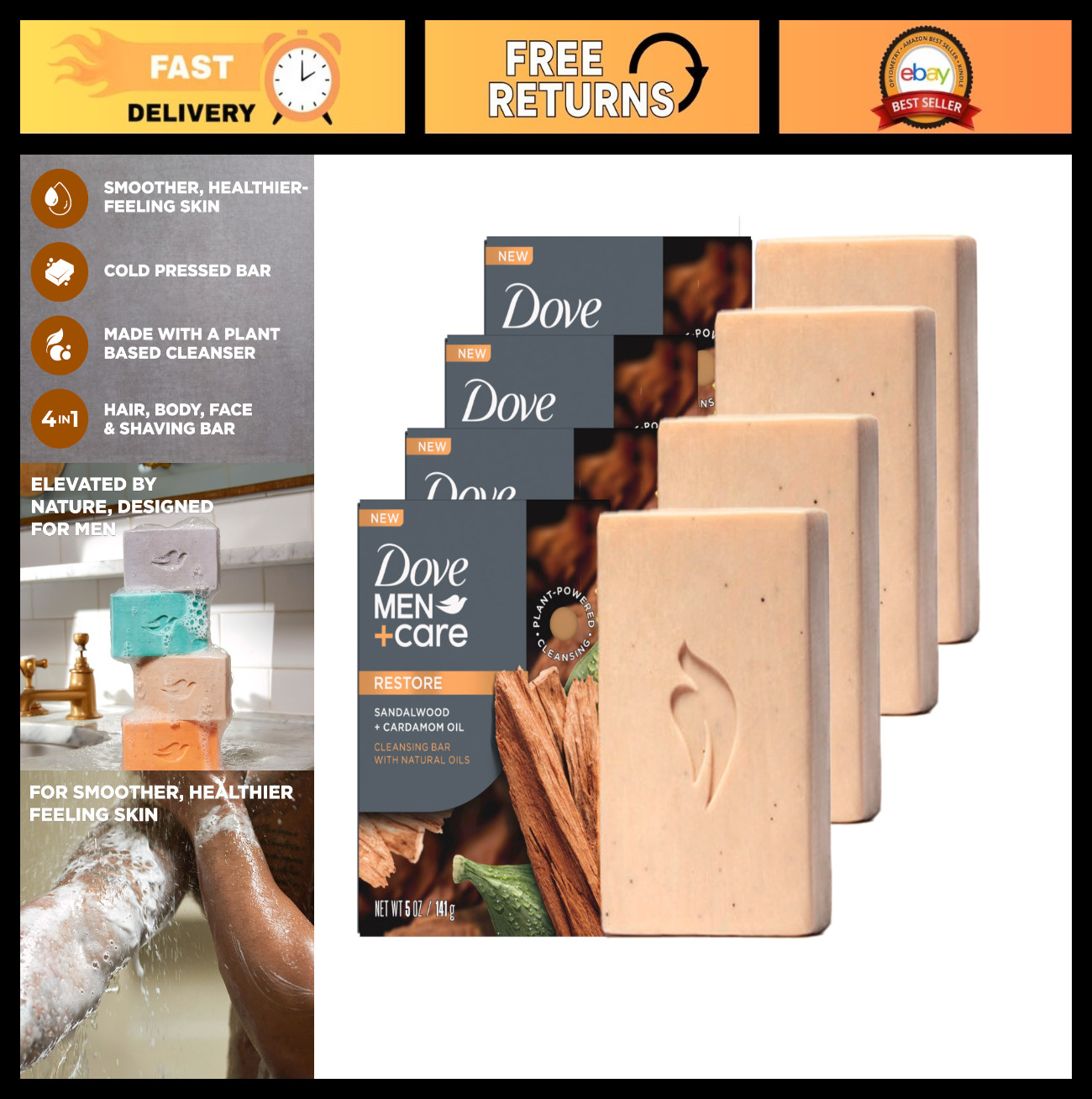 Sandalwood & Cardamom Oil Cleansing Bar Soap – 4 Pack, 4-in-1 Hair, Body, Face &