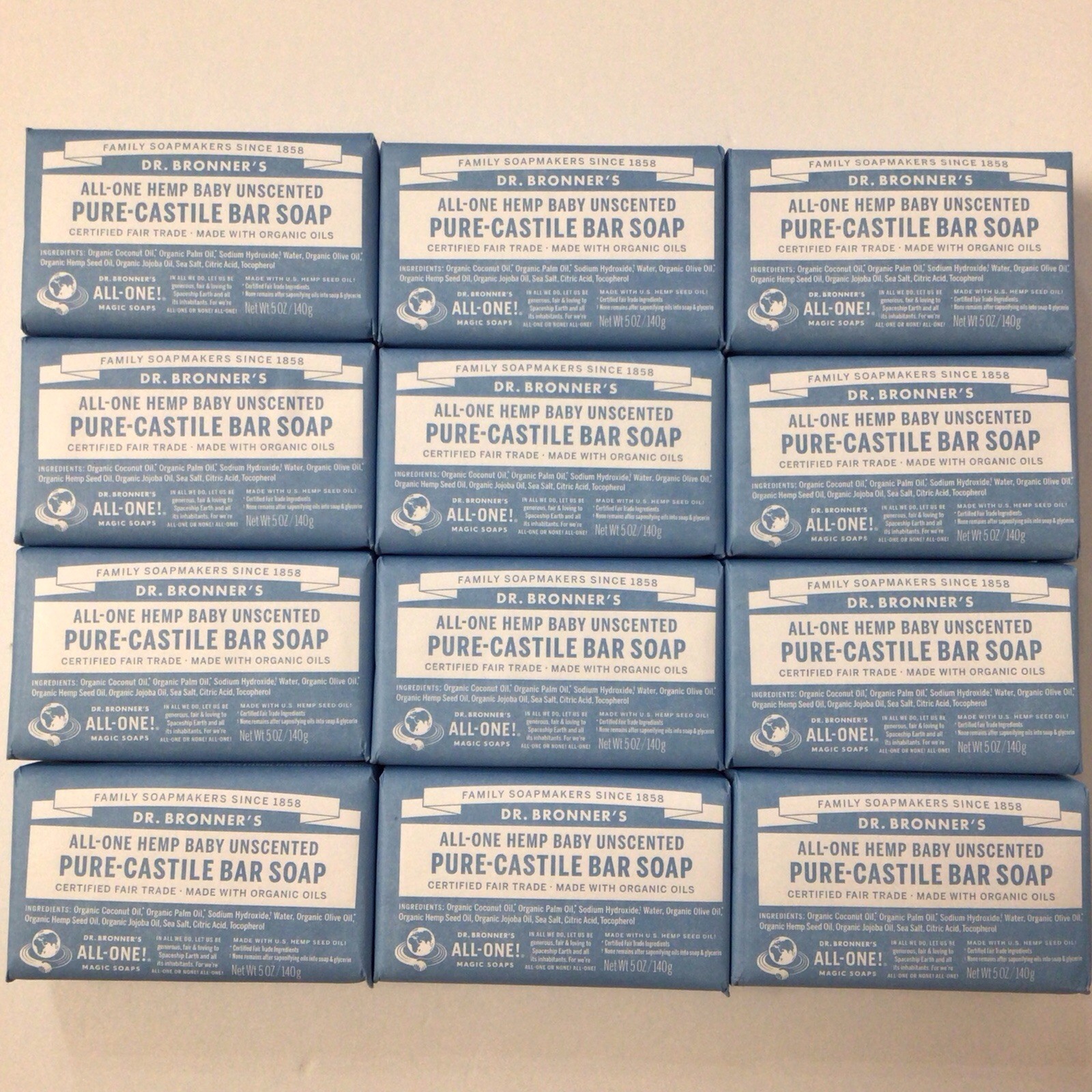 Dr. Bronners Bar Soap Baby Unscented Sensitive Skin Pure Castile 12-Pack 5oz Bar