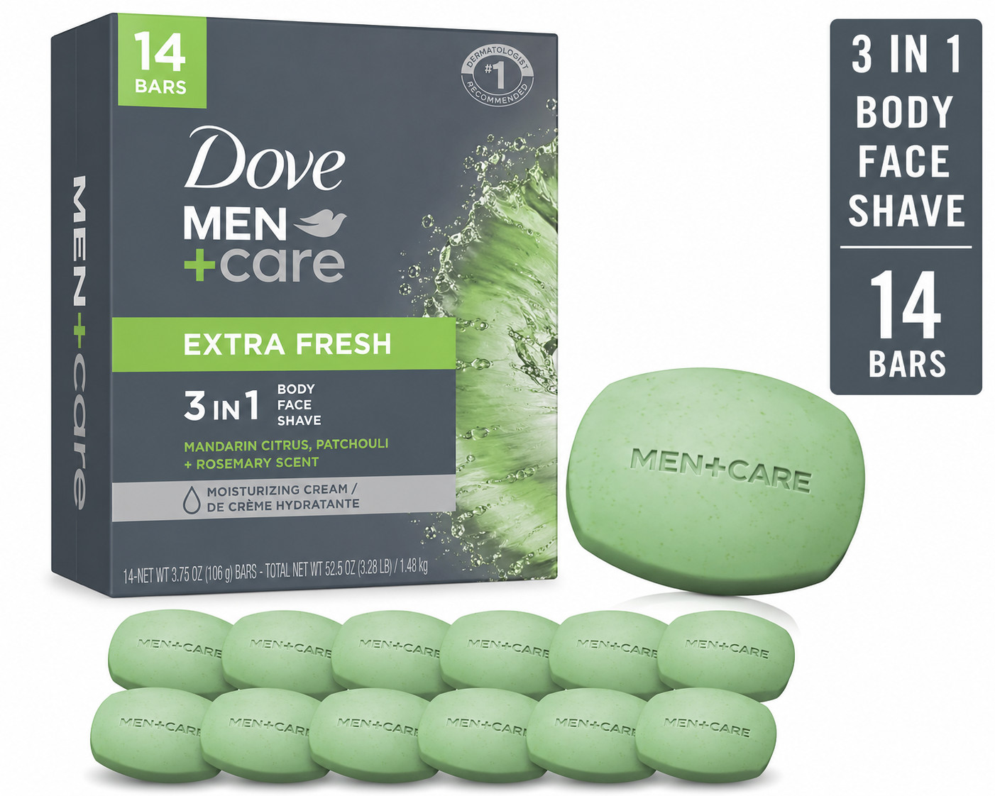 Dove Men+Care 3-in-1 Bar Cleanser – Extra Fresh (14 Bars, 3.75 oz c/u)