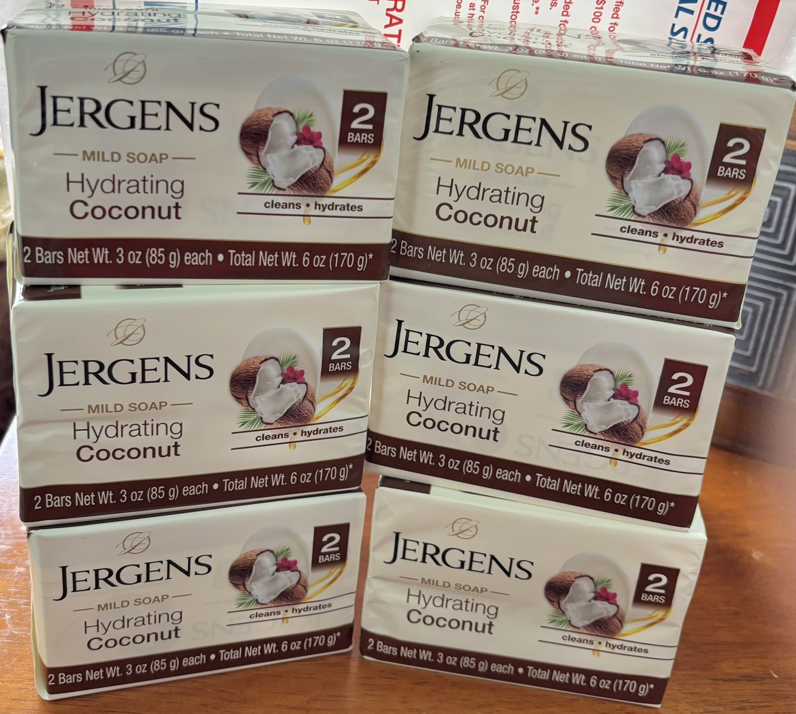 Lot of 12 Bars Jergens Hydrating Coconut Mild Soap 6 Packages of 2, brand new!