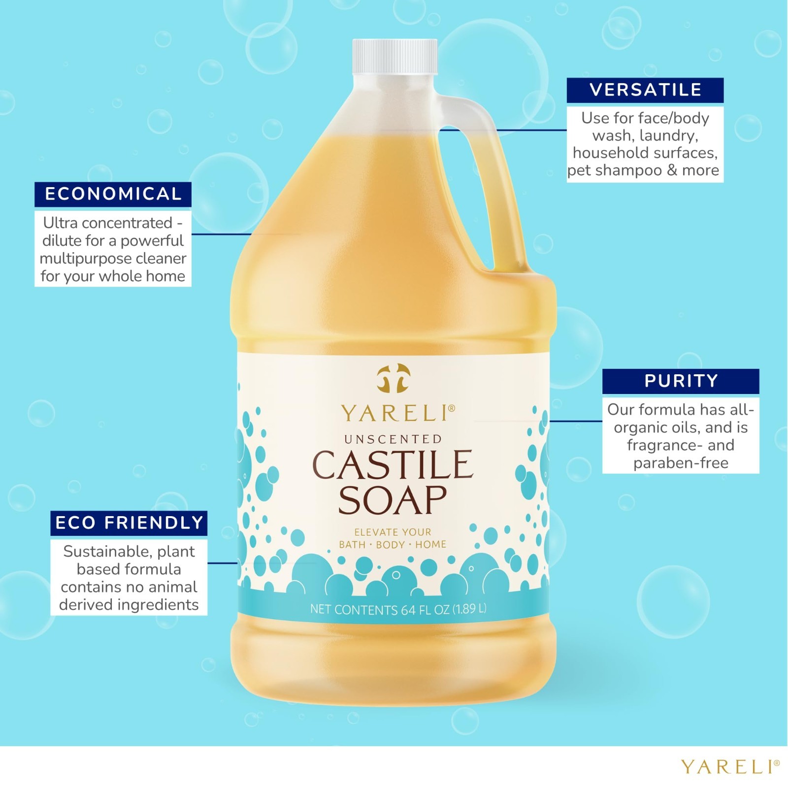 Pure Castile Soap Liquid Unscented 64oz – EWG Verified Organic, Vegan Body Wash,