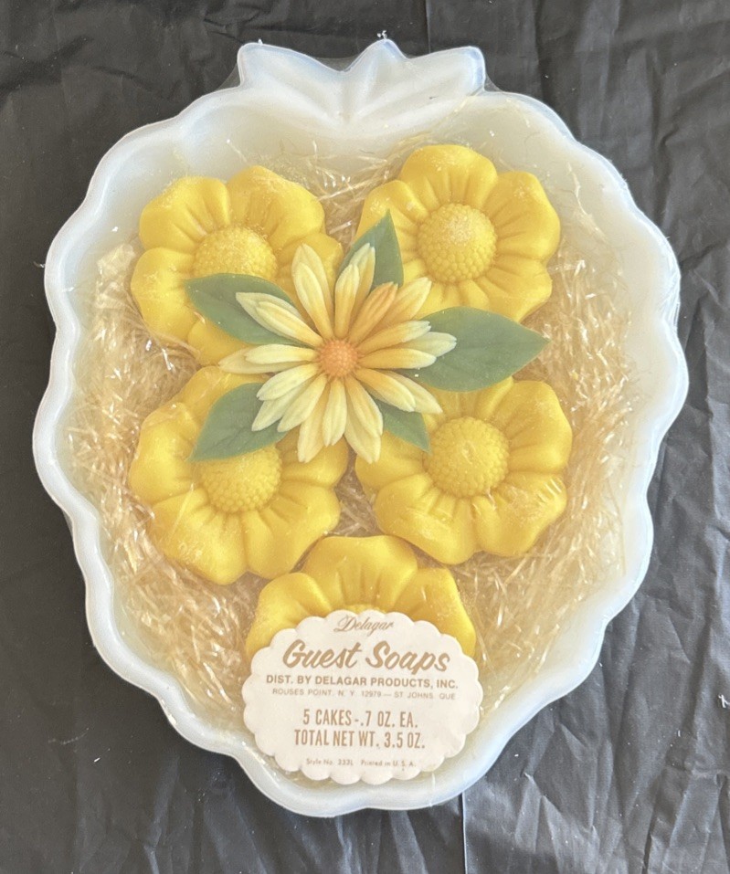 Vintage Delagar Guest Soaps 5 Count. Yellow Flowers Sealed In Milk Glass Dish.