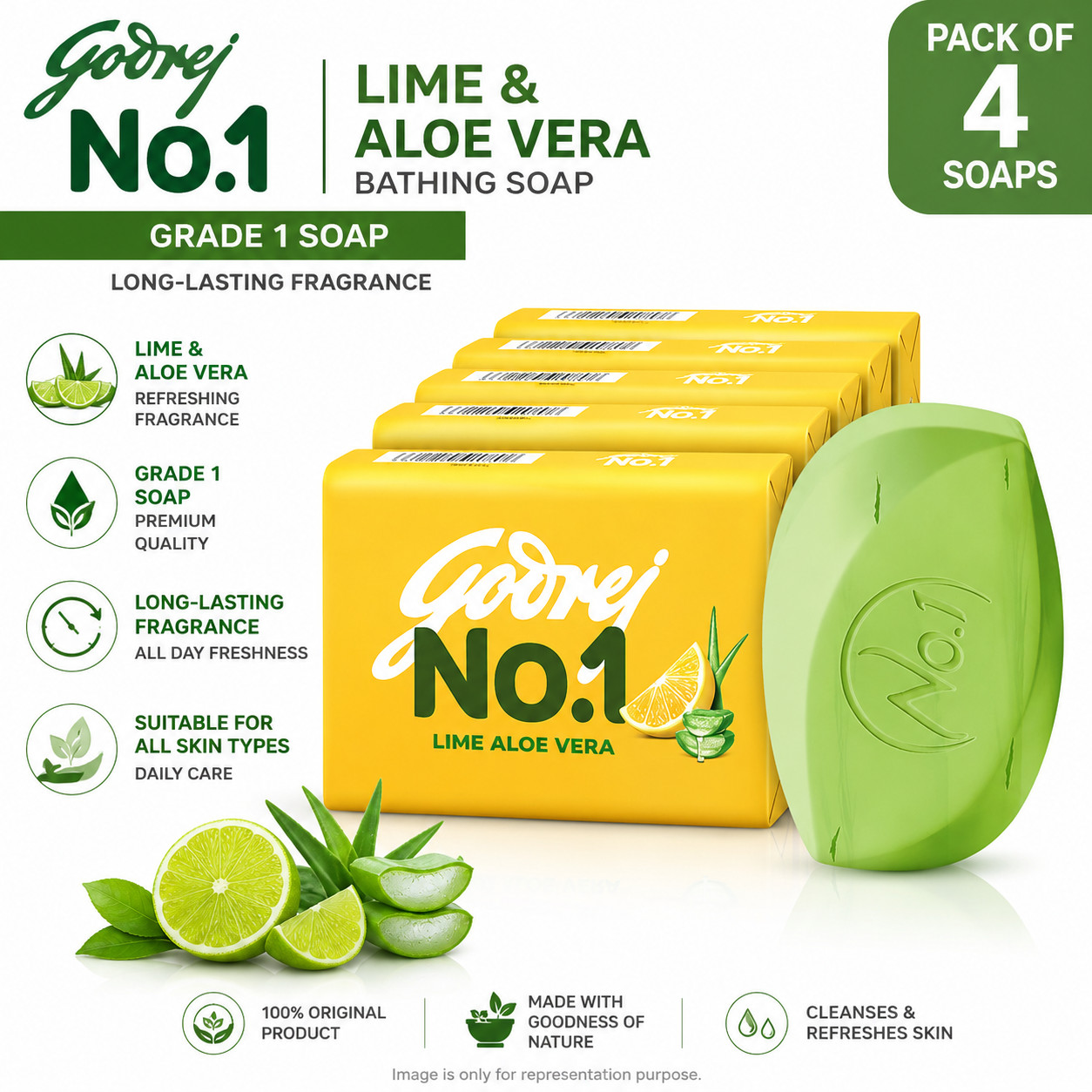Godrej No.1 Lime Aloe Vera Soap 150g Long Fragrance Grade 1 Bath Bar Pack 4 FS