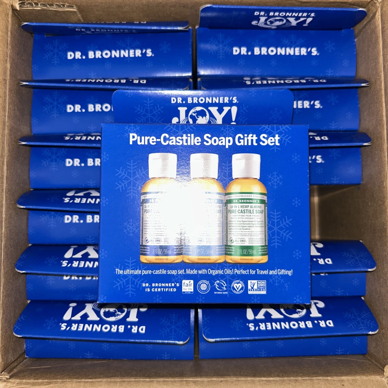 CASE OF 12 Dr. Bronner’s Pure-Castile Gift Set Three 2oz Liquid Travel Size Soap