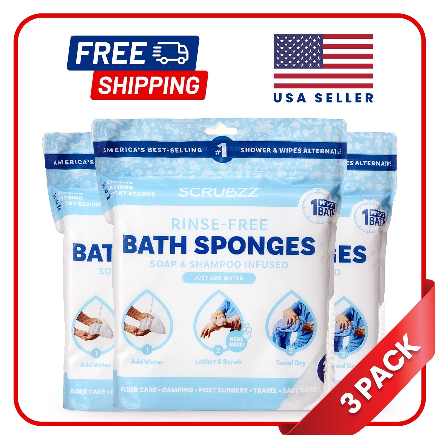 Scrubzz Disposable Rinse Free Bathing Sponges – Unscented, 75 Count