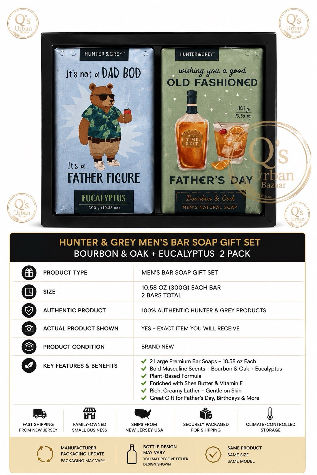 Hunter & Grey Men’s Bar Soap Gift Set Bourbon & Oak Eucalyptus 2-Pack 10.58oz