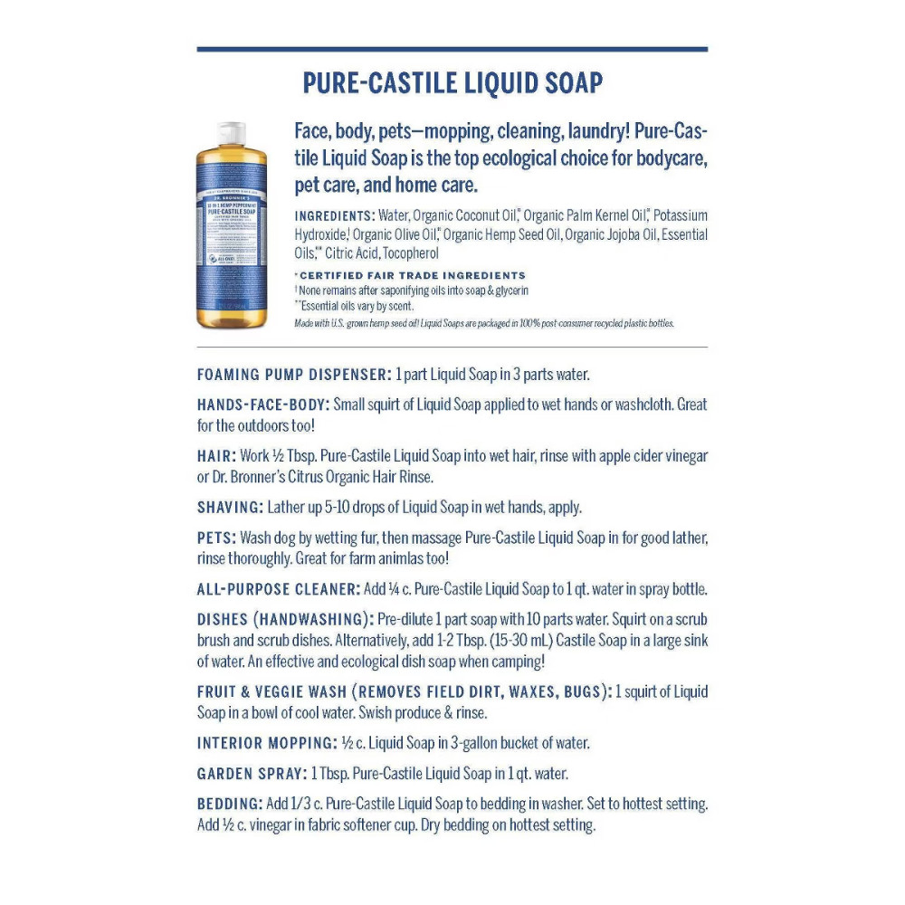 Dr. Bronners Magic Pure Castile Liquid Soap Bodywash – Peppermint – 16 fl oz