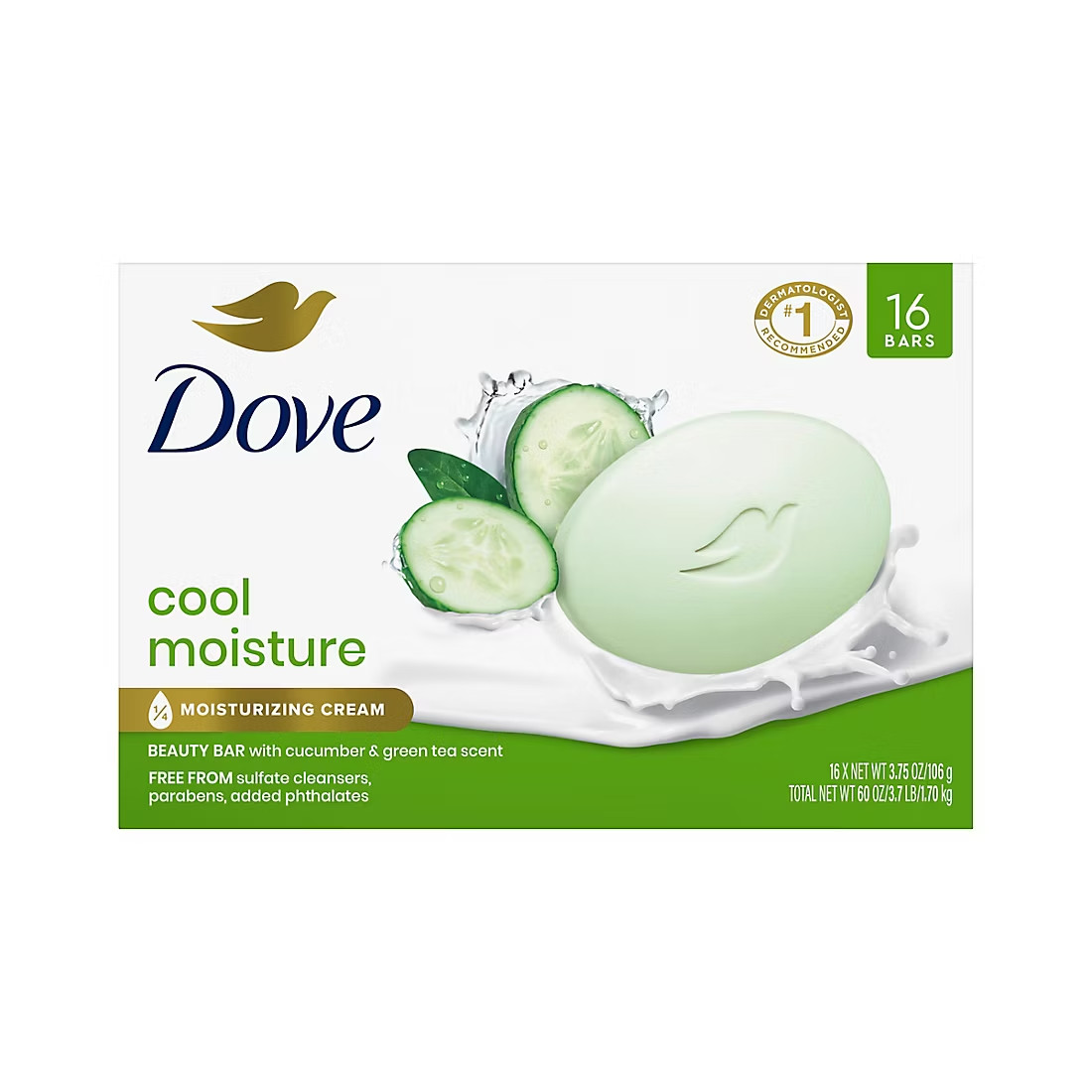 Dove Beauty Bar With Cucumber and Tea Scent Cool Moisture, 16 ct./3.75 oz.