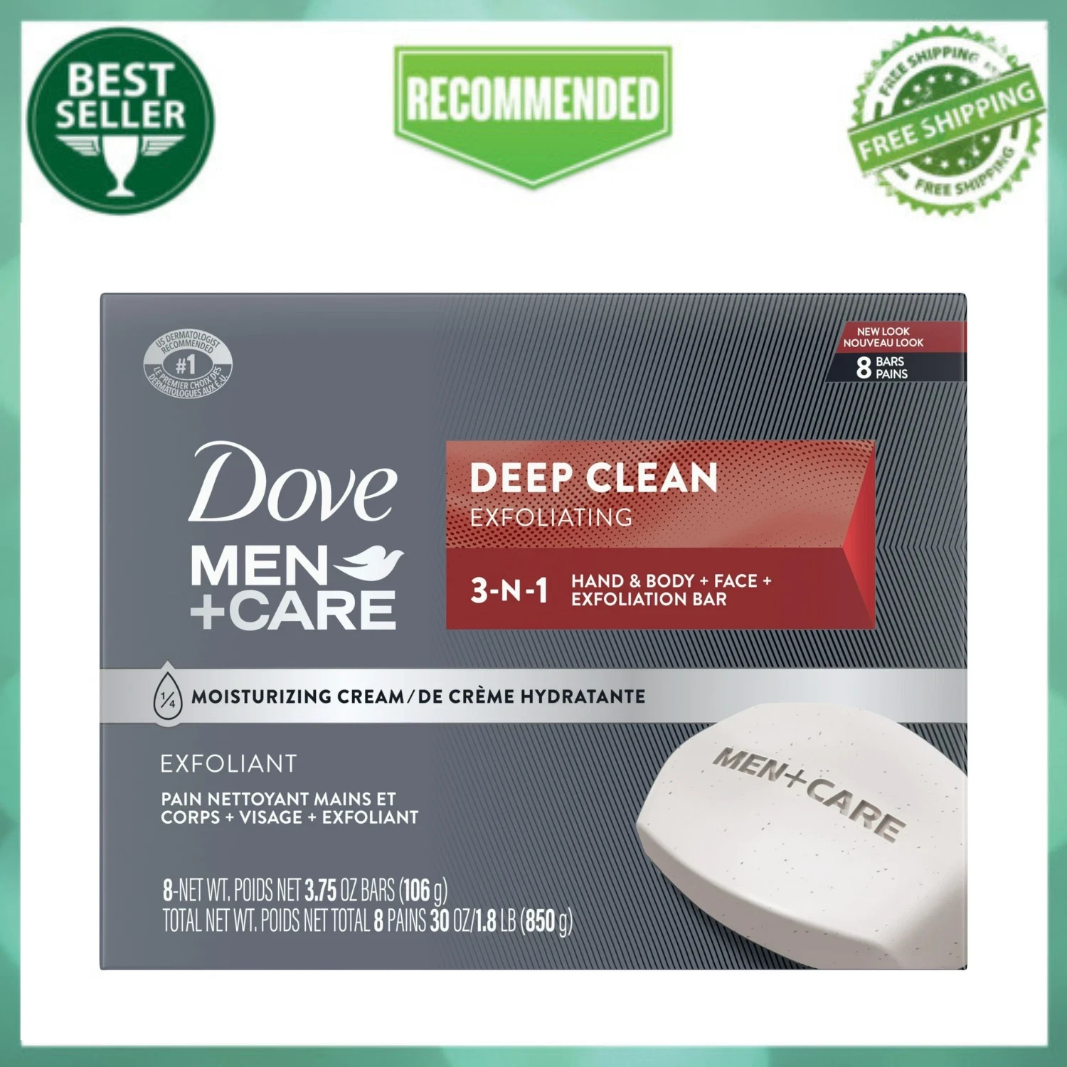 Dove Men+Care Men’s 3-in-1 Bar Soap Deep Clean, 3.75 oz, 8 Bars, Free Shipping
