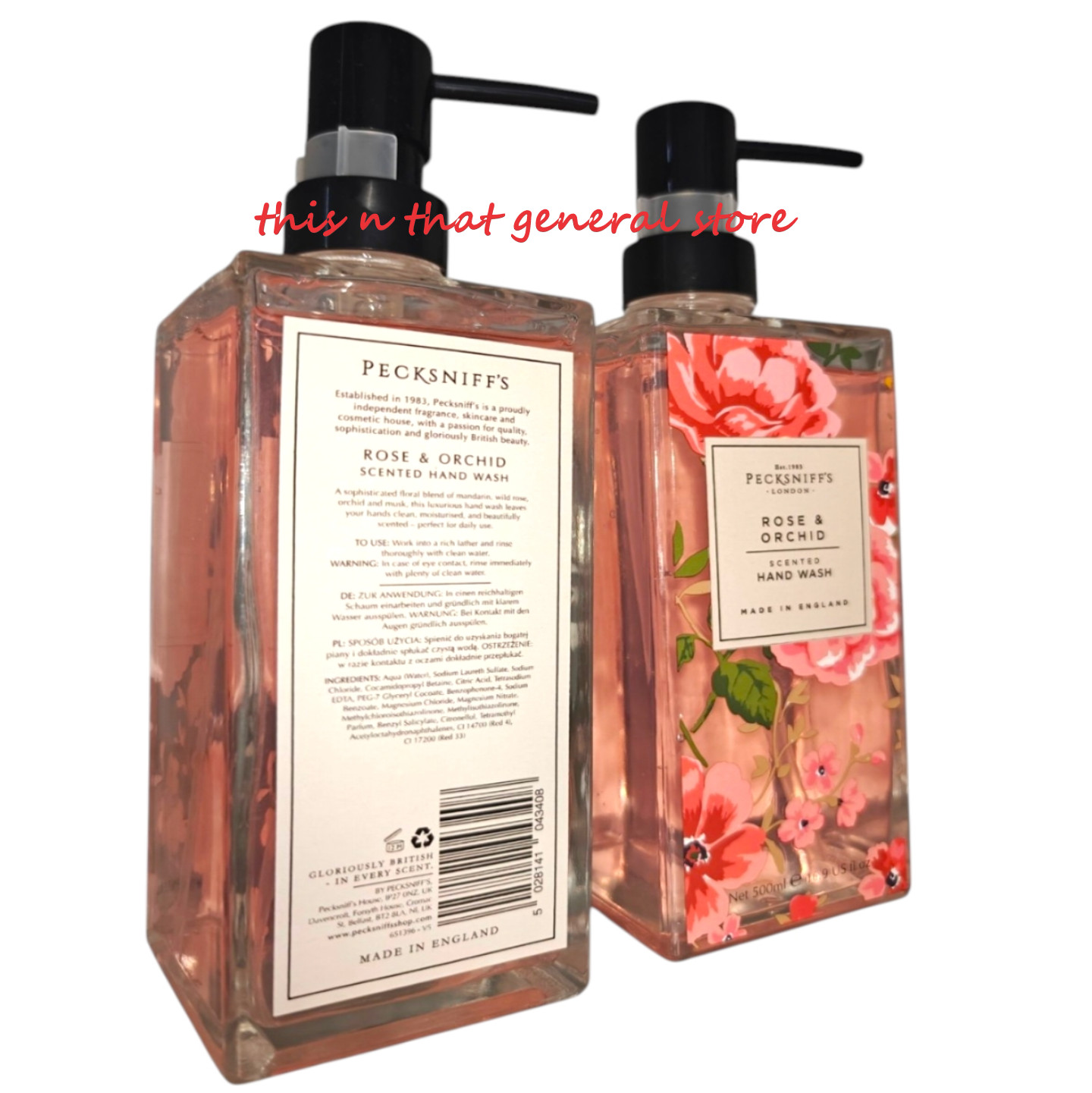 2X PECKSNIFFS LONDON ROSE & ORCHID Hand Wash Glass 16.9 fl oz MADE IN ENGLAND