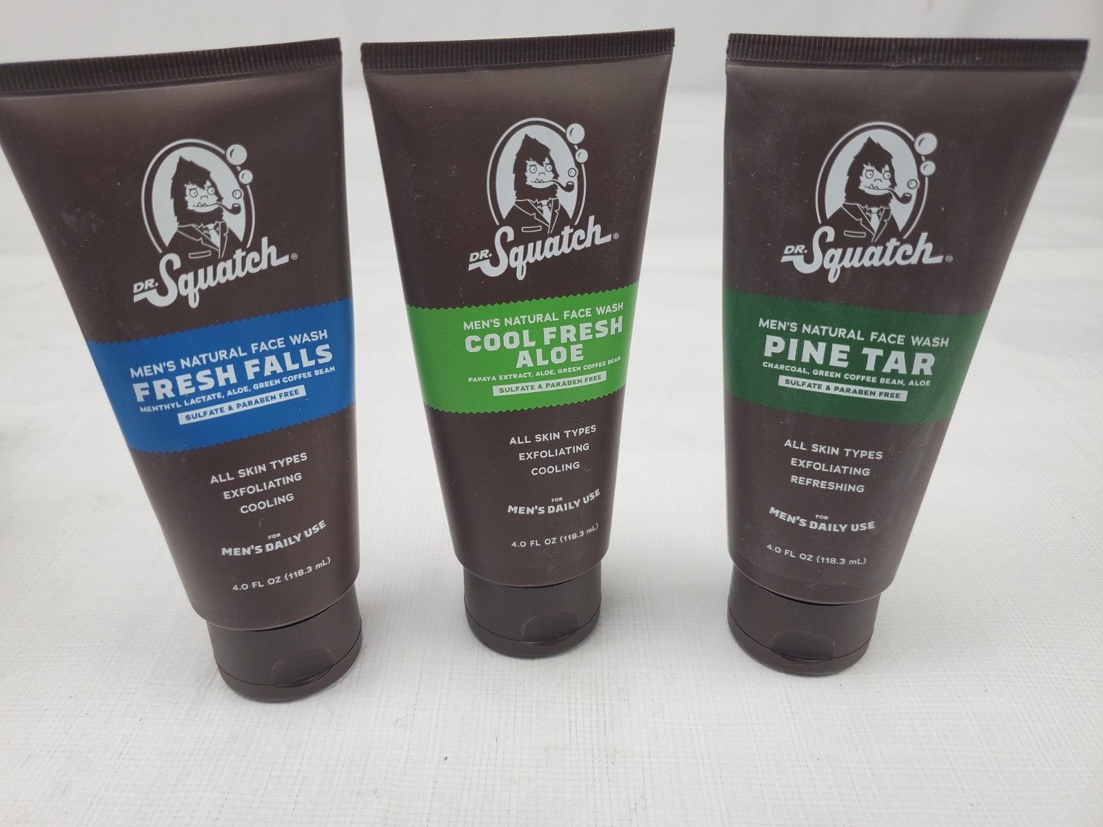 Dr Squatch Face Wash Exfoliating -3 Pack New- Pine Tar Cool Fresh Aloe Falls