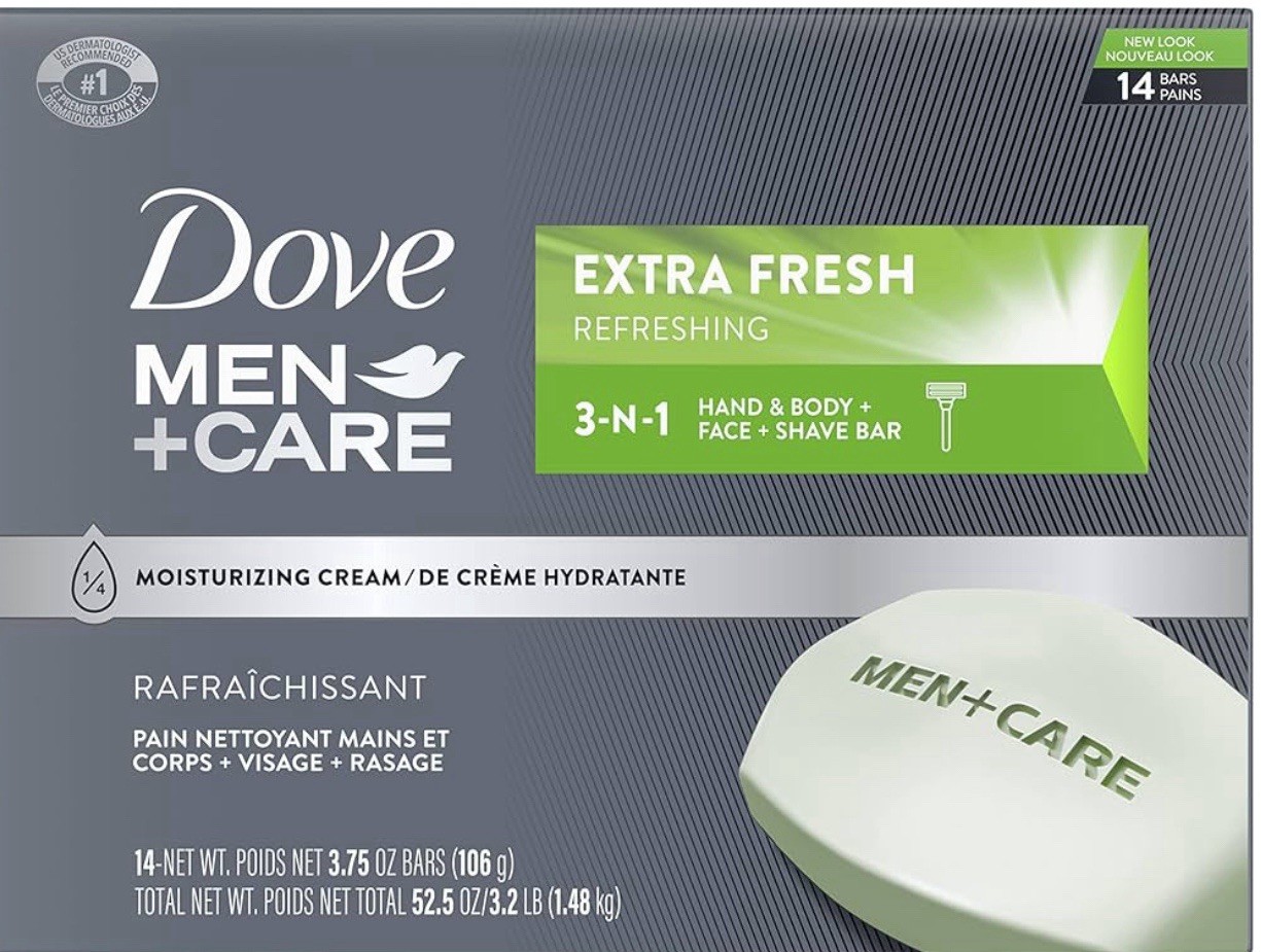 DOVE MEN + CARE Bar 3 in 1 Cleanser for Body Face and Shaving 3.75 oz 14 Bars