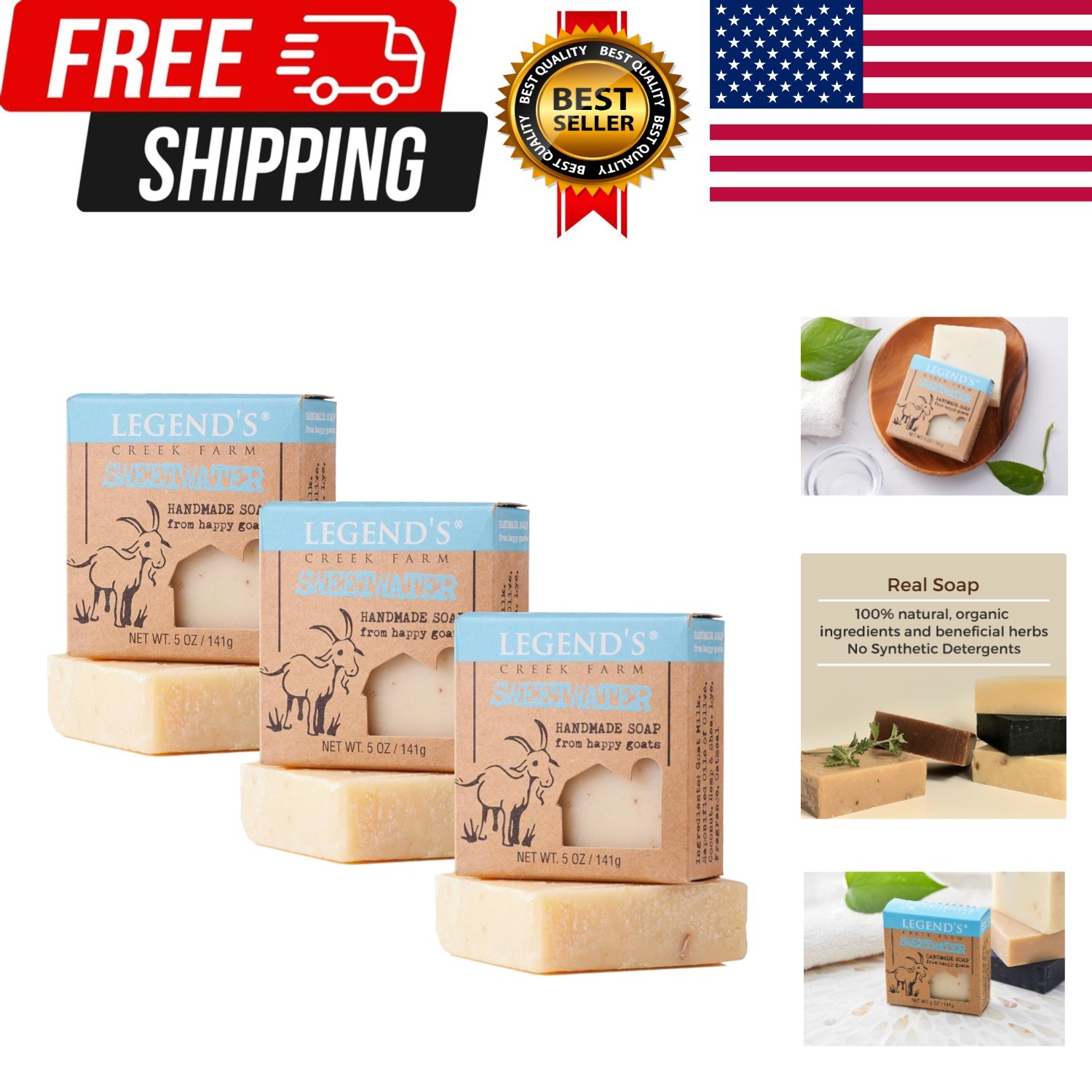 Farm Goat Milk Soap, Sweetwater, 5 Oz, Pack of 3 | Cleansing Moisturizing Bar…