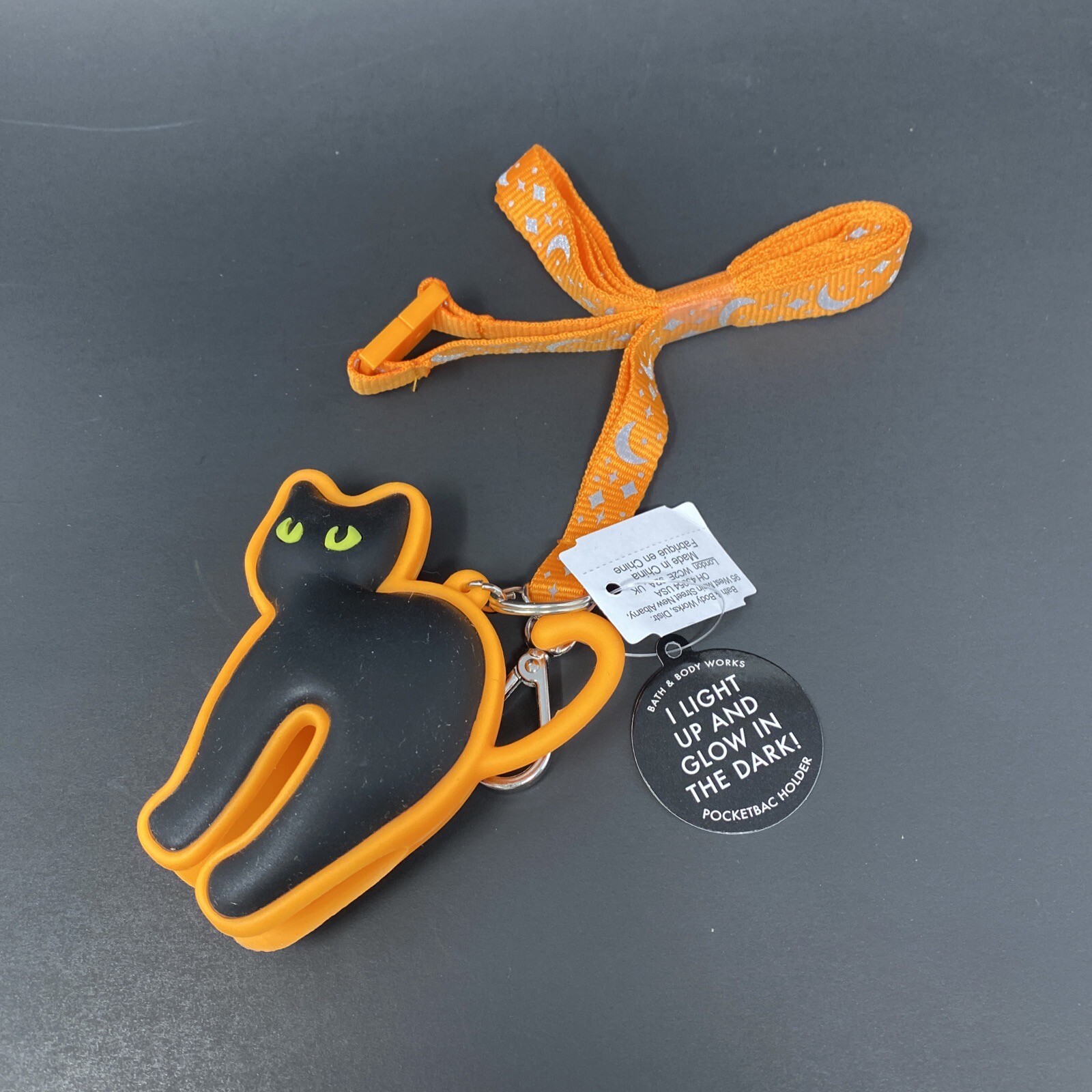 Bath & Body Works Black Cat PocketBac Holder Lanyard Neon Orange Glow Light Up