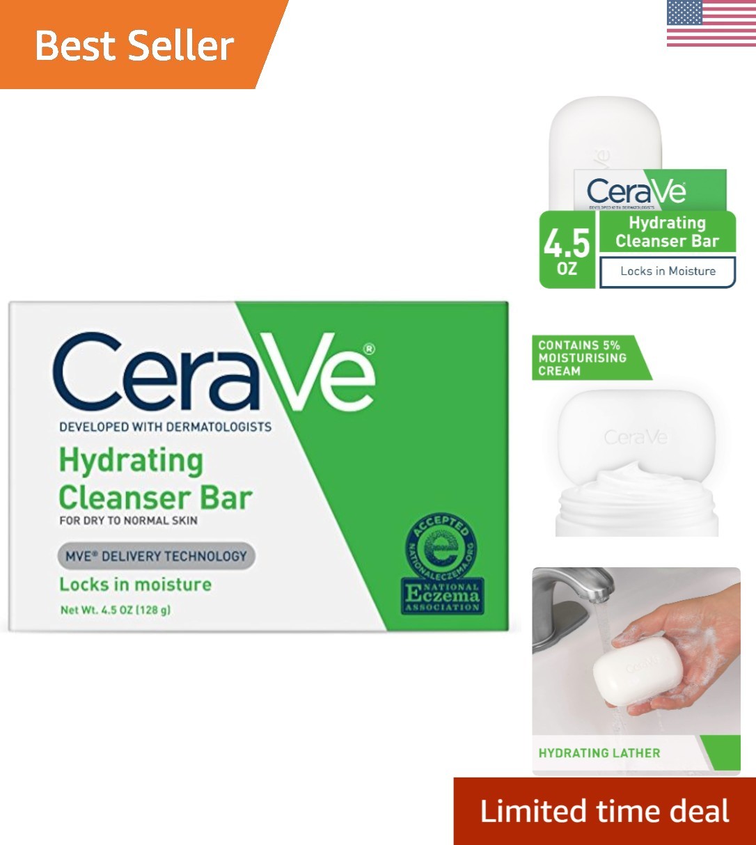 CeraVe Hydrating Cleanser Bar, Soap-Free Body and Facial Cleanser with 5% Cerave